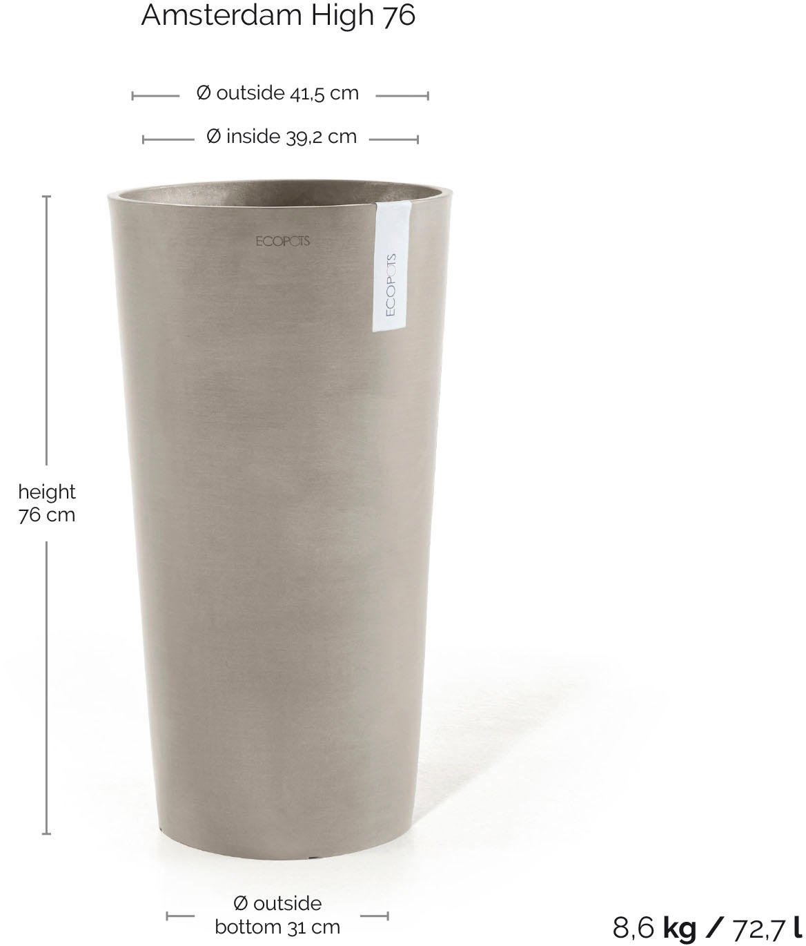 ECOPOTS Blumentopf »AMSTERDAM HIGH Taupe« BxTxH: 41x41x76 cm
