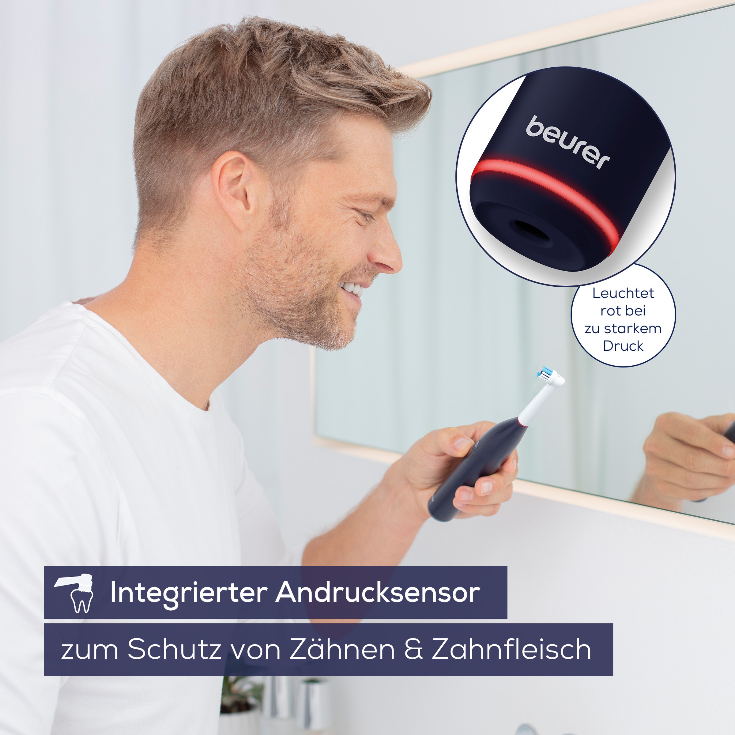 BEURER Elektrische Zahnbürste »TB 50, Elektrische Zahnbürste mit Andrucksensor & Langzeitakku«, 1 St. Aufsteckbürsten, Effektive Plaque-Entfernung, 3 Programme, bis zu 45 Tage Akkulaufzeit