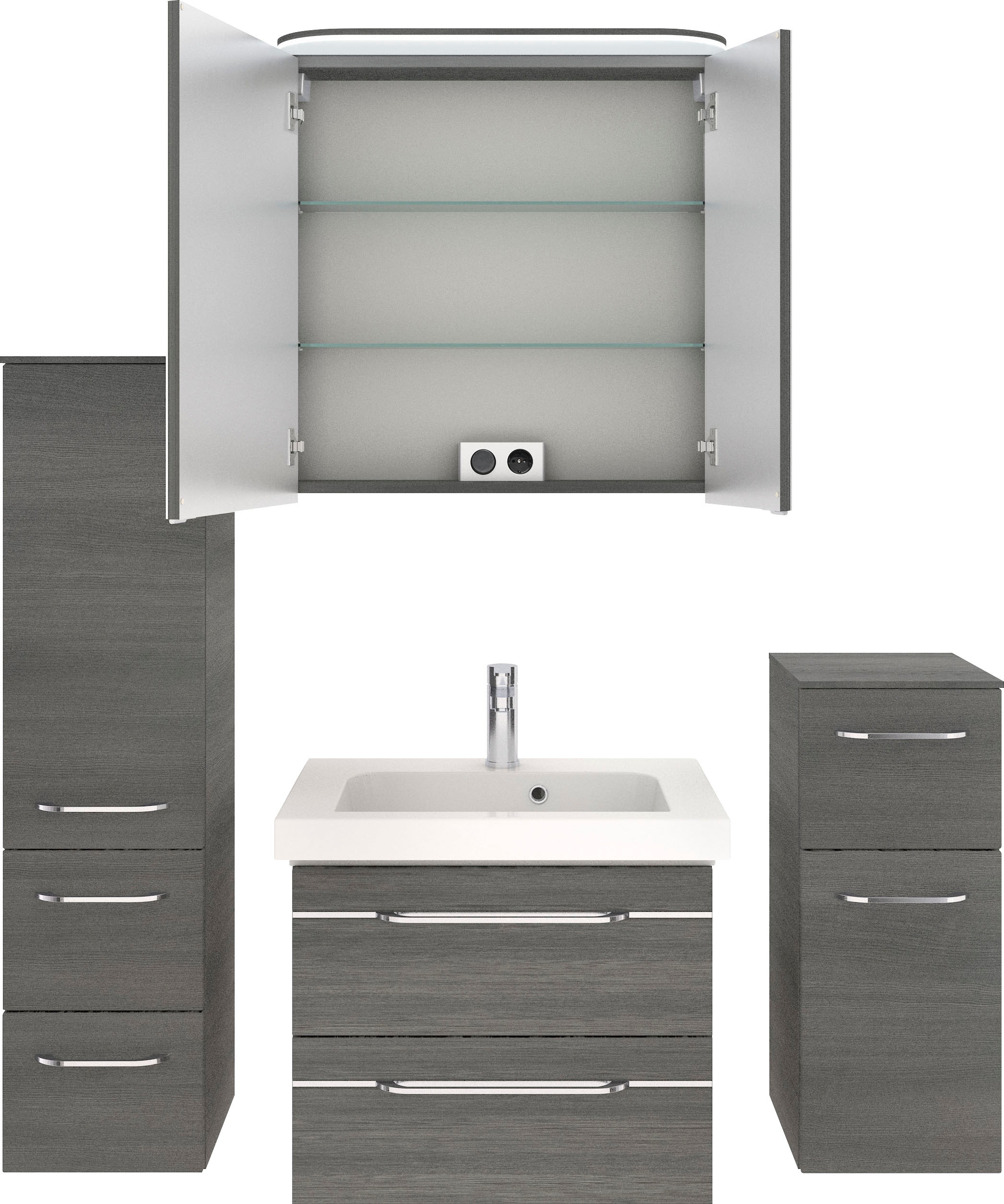 Saphir Badmöbel-Set »Balto Sprint 4-teilig, Mineralmarmor-Waschtisch mit LED-Spiegelschrank«, (5 St.), mit Unterschrank, Midischrank, inkl. Türdämpfer, 4 Türen, 5 Schubladen