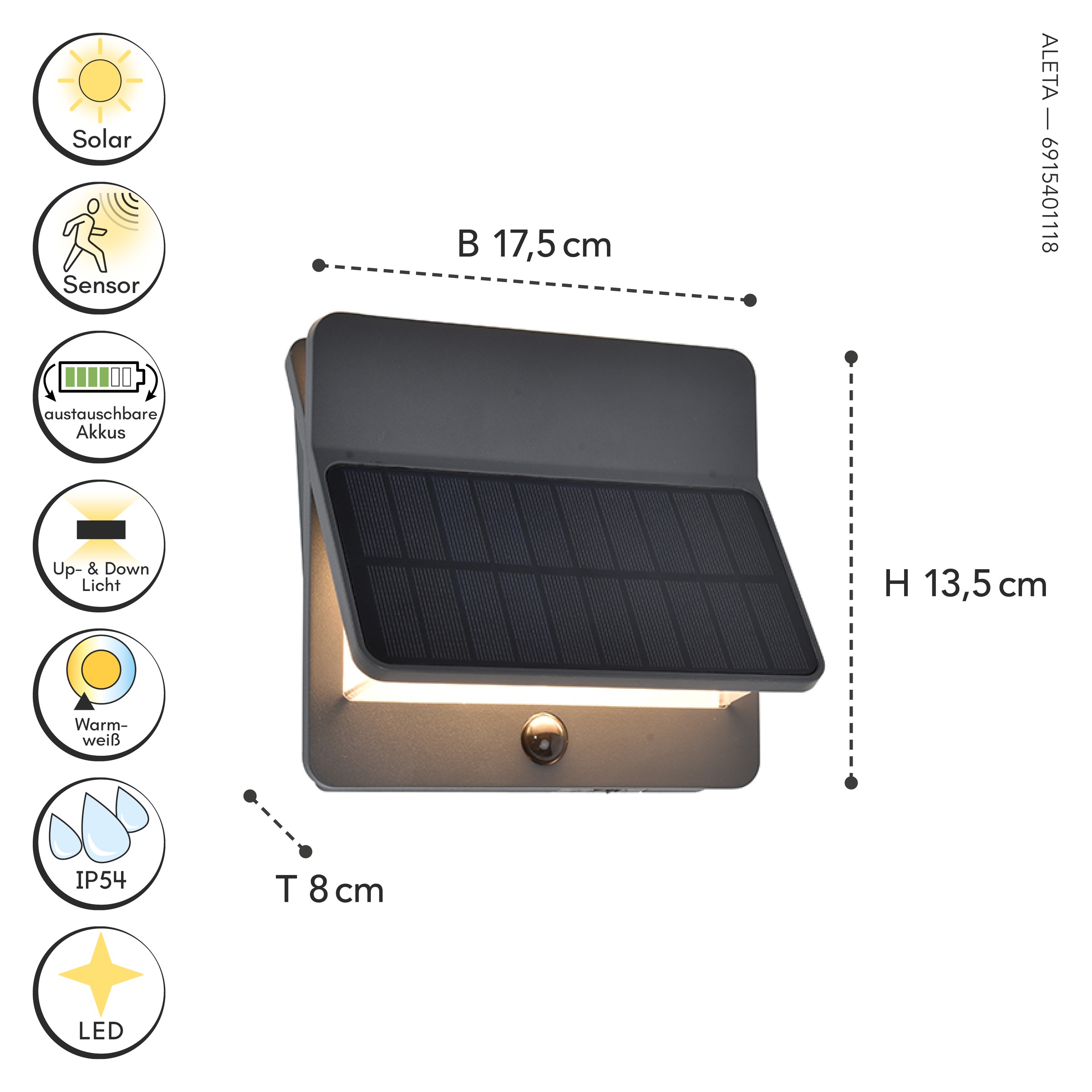 LUTEC LED Solarleuchte »LED-Solar-Aussenwandl. mit BWM ALETA«, 2 flammig, Leuchtmittel LED-Board | LED fest integriert, Design-Award