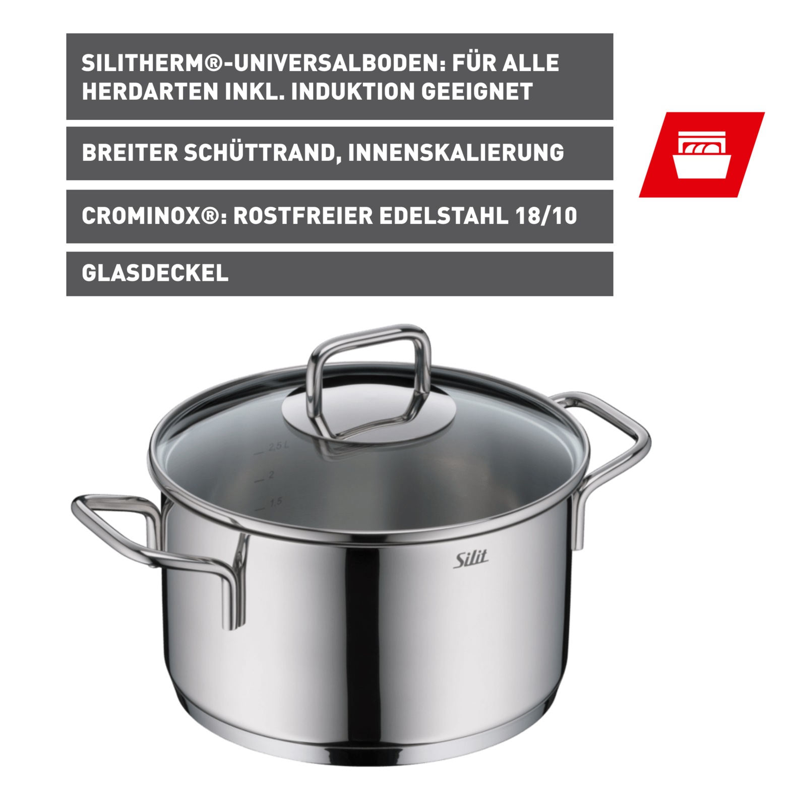 Silit Kochtopf »Extra Cook, mit Glasdeckel«, Edelstahl 18/10, (2 tlg.), SiliTherm Universalboden, induktionsgeeignet, spülmaschinengeeignet