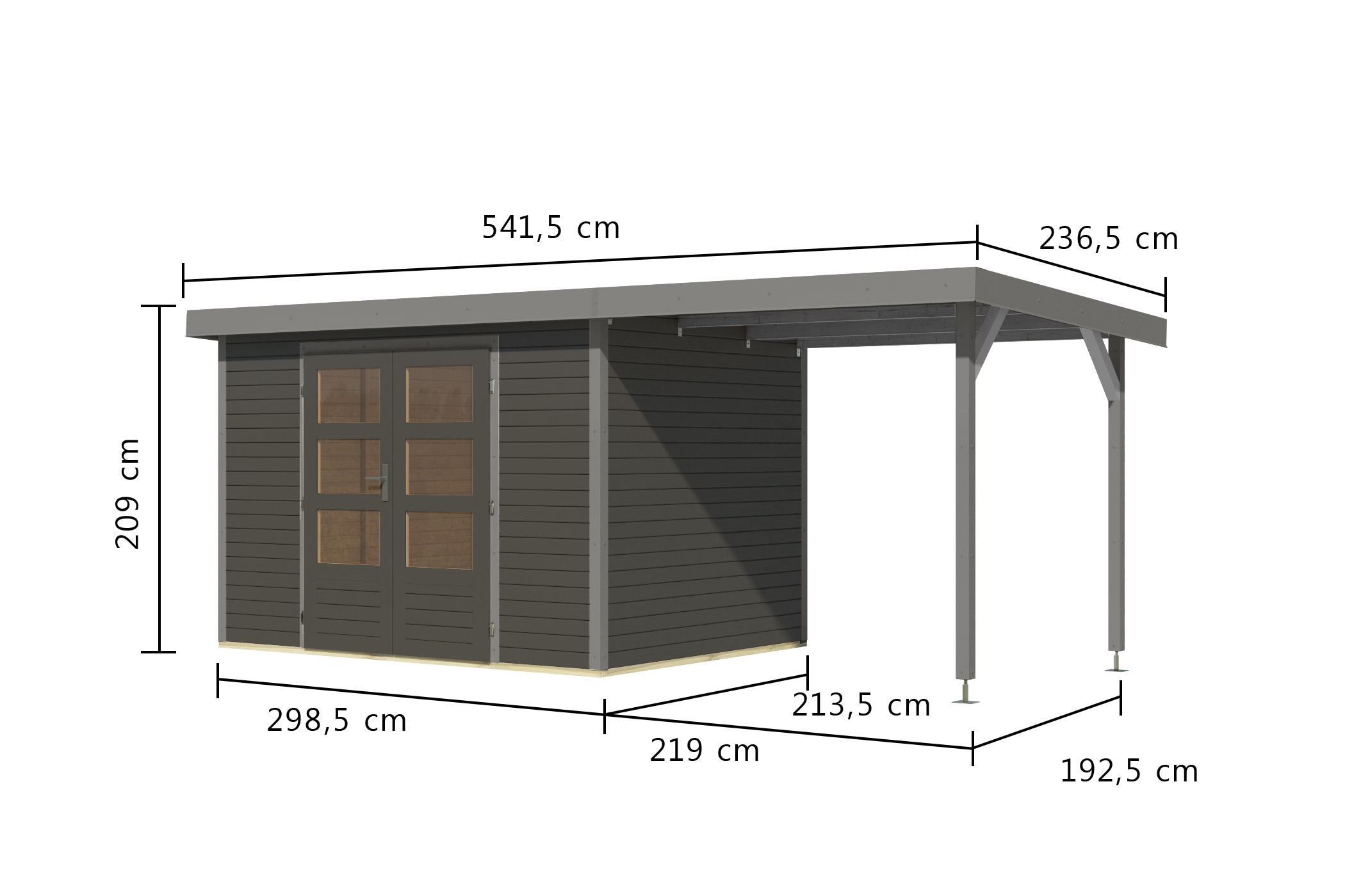 Karibu Gartenhaus »"Jupiter 4 B" SET terragrau, mit Anbaudach 2,35 m breit«, hochwertige Materialien: nordische Fichte, Stahlecken, Trapezblechdach