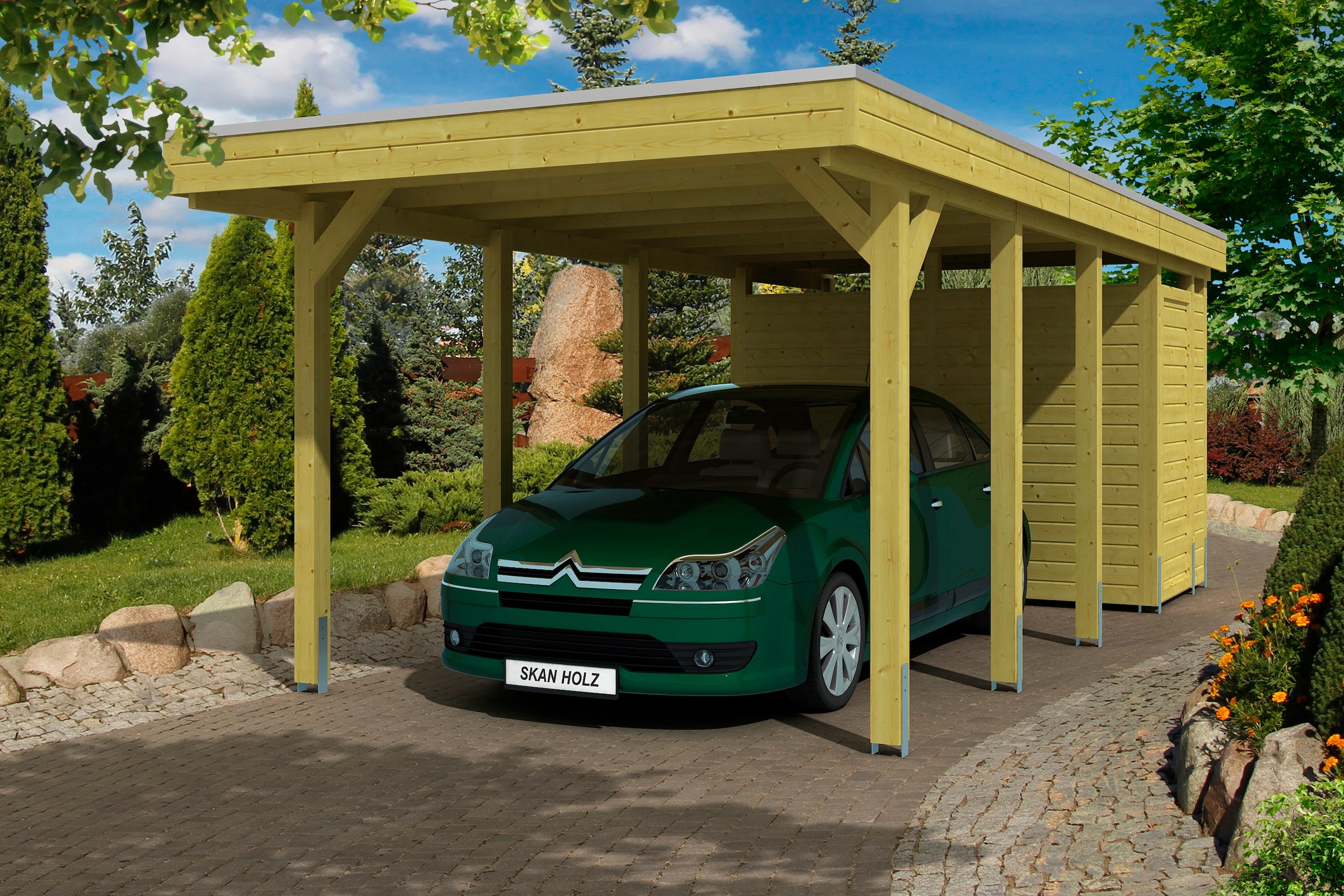 Skanholz Einzelcarport "Friesland" Massivholz 270 cm grün mit Abstellraum