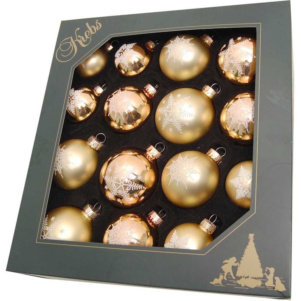 Krebs Glas Lauscha Weihnachtsbaumkugel »Schneeflocke goldfarben«, (Set, 16 St.)