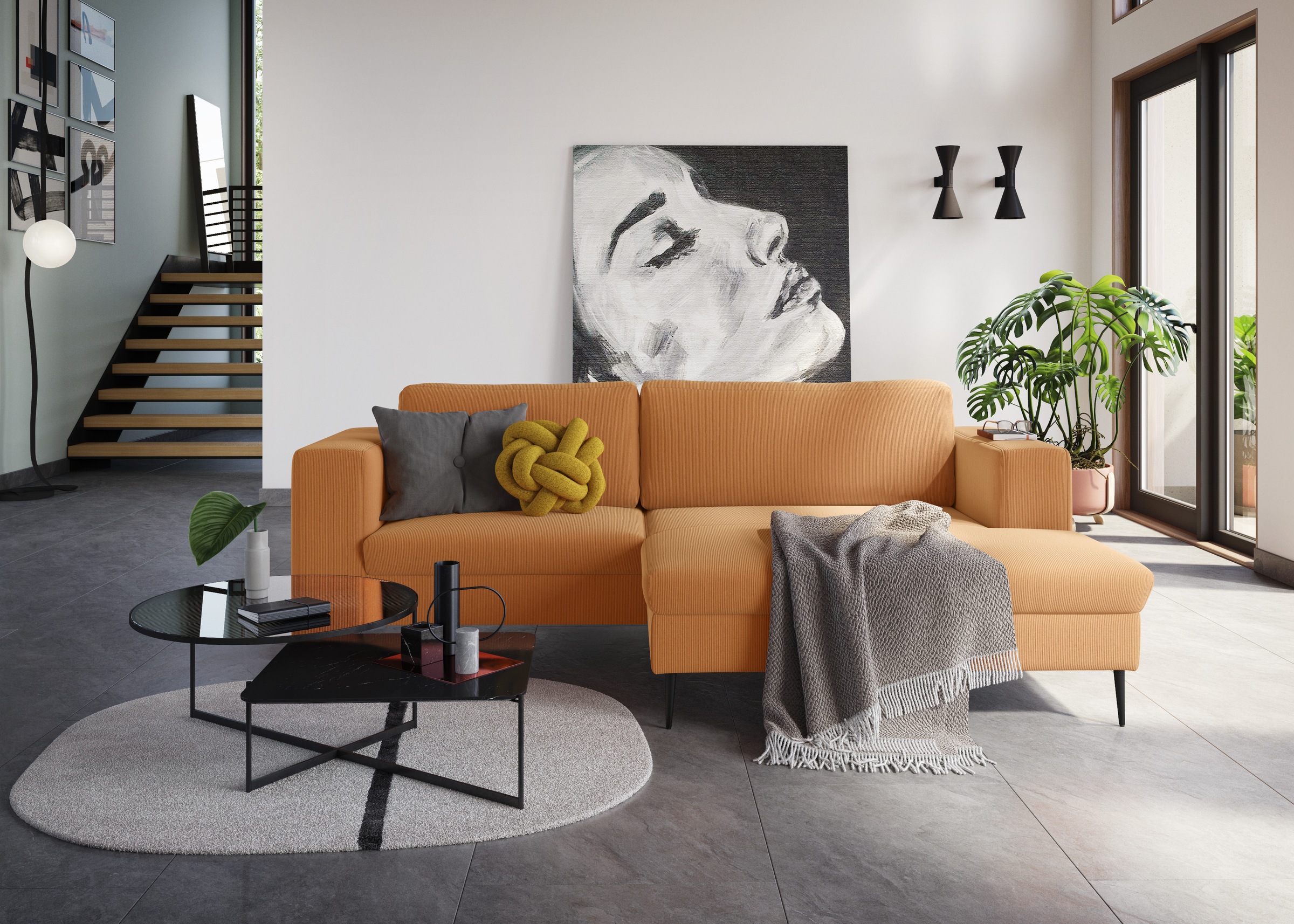 DOMO collection Ecksofa "Modica kompakt und elegant, Breite 244, L-Form" Auch in Cord, Fußhöhe passend für gängige Saugroboter
