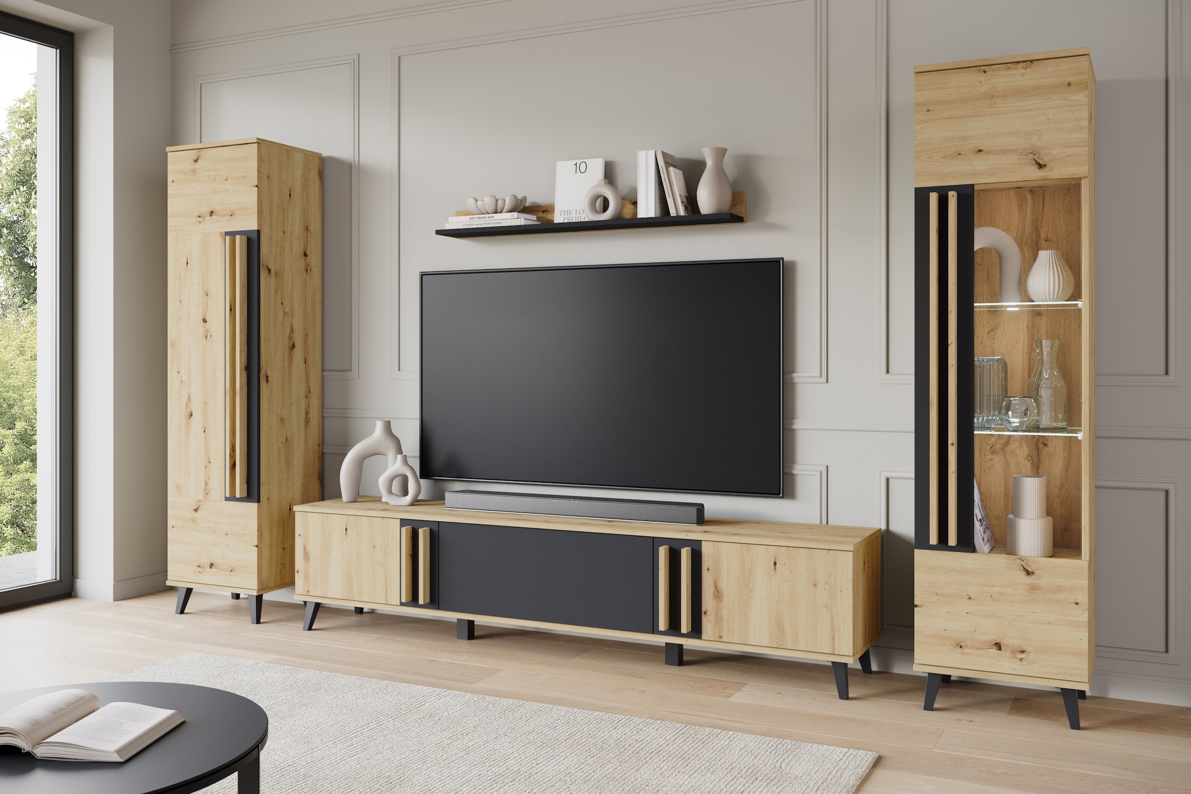 INOSIGN Wohnwand »Helsinki, Modernes Set mit verglaster Vitrine«, (Komplett-Set, 4 St.), mit lamellengriffen, verstellbaren Einlegeböden und Kunststofffüßen