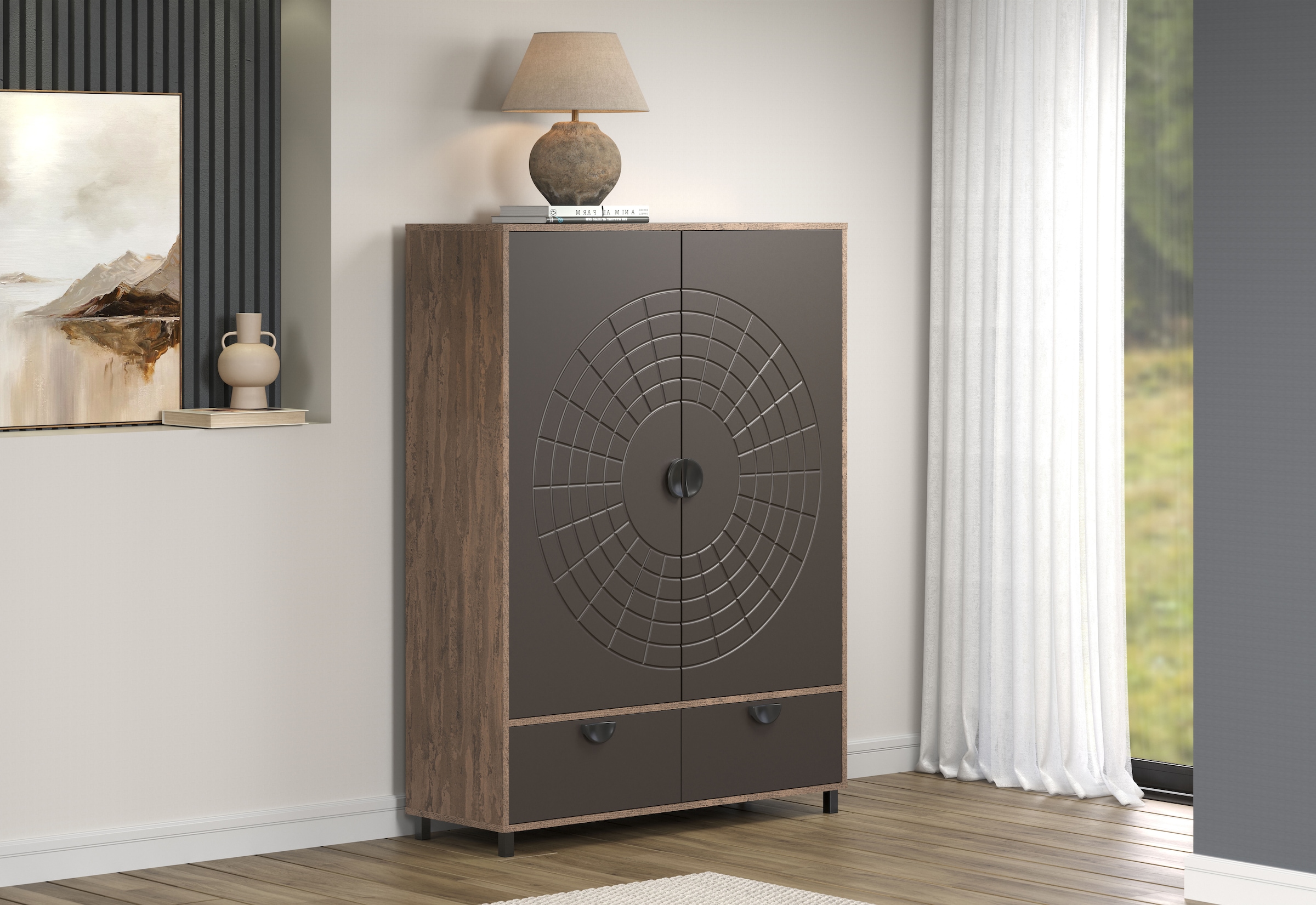 INOSIGN Highboard »Fusion«, (1 St.), Stauraumschrank mit besonderem Kreismuster - (B/T/H) 120/42/163 cm