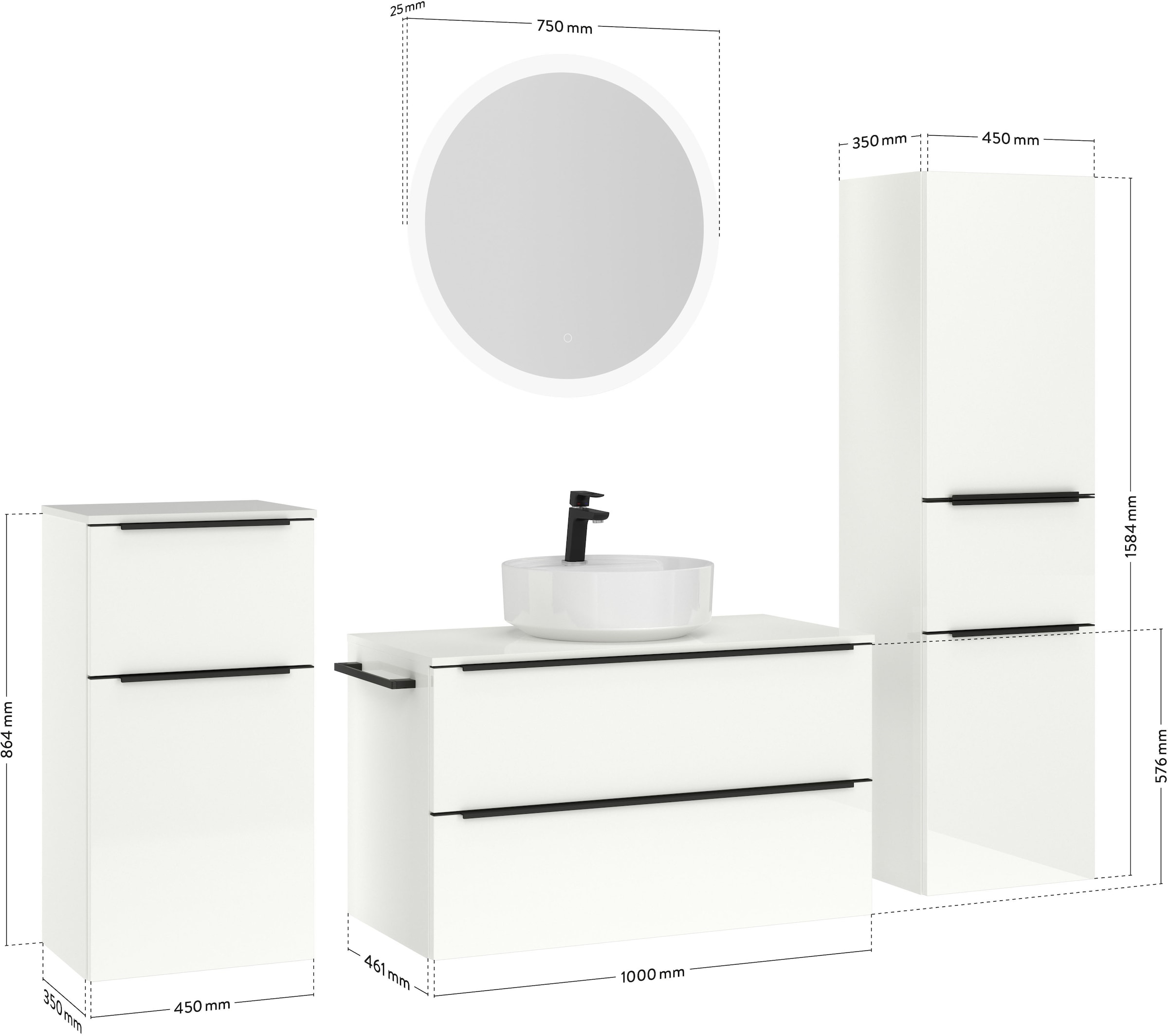 nobilia® Badmöbel-Set »Alvene«, (4 St., vormontiert, mit Soft-Close), Hochglanz, inkl. Spiegel mit Touch-Sensor, in vier Breiten