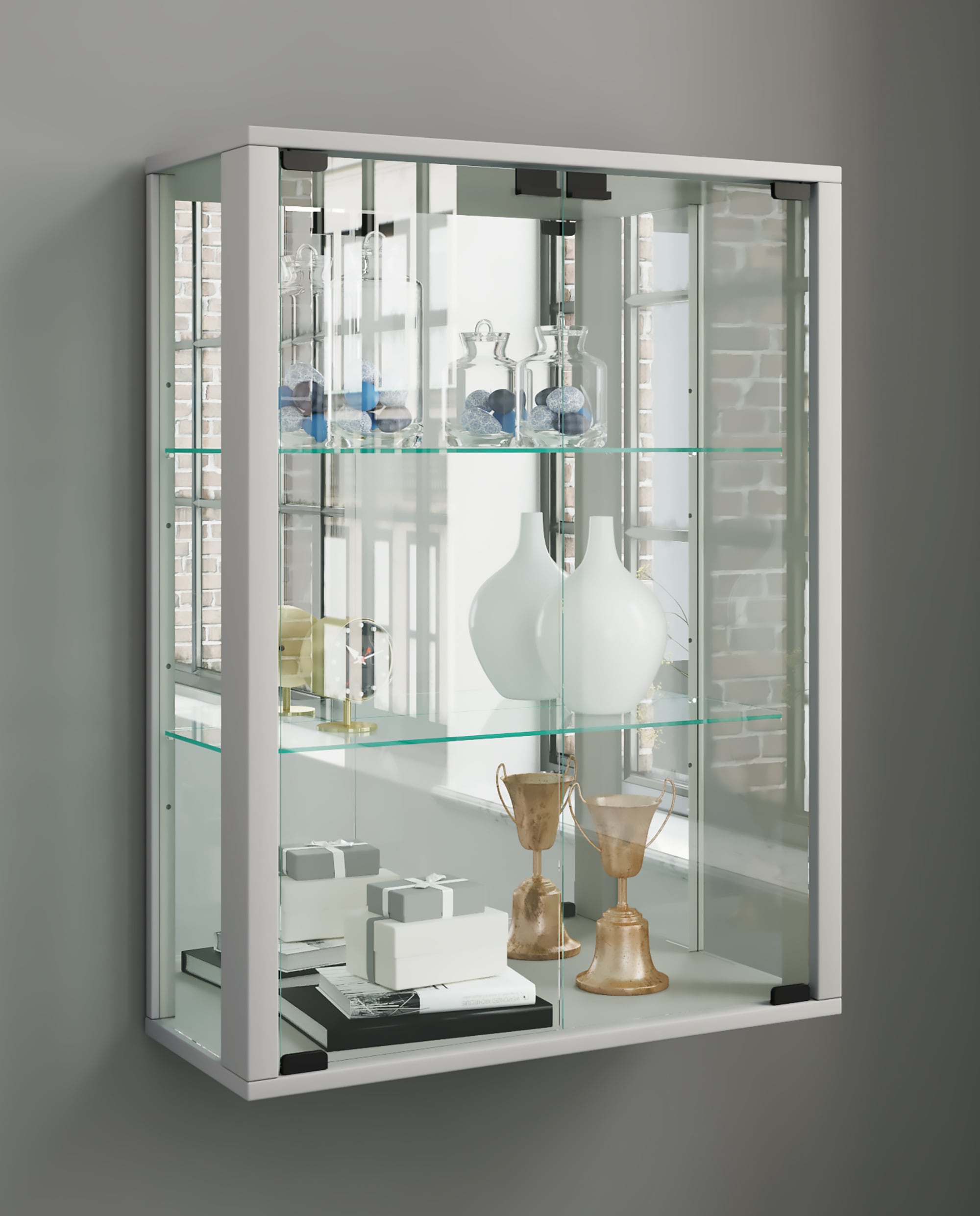 VCM Wandregal »VCM Glasvitrine hängend | Vitrine Glas mit ESG-Sicherheitsglas | Maße ca. H. 80 x B. 60 x T. 25 cm | Hängevitrine Glas | Modern und platzsparend | Glas Vitrinenschrank - Udina Spiegel«