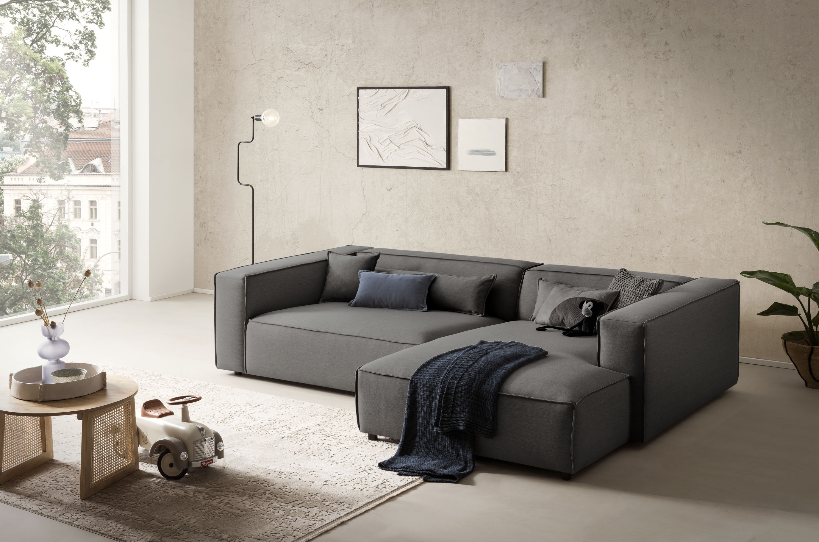 LeGer Home by Lena Gercke Ecksofa "PIARA XXL Struktur u. Leinenoptik, Big-Sofa, L-Form" wahlweise Ottomane rechts/links, Kedernaht, extra tiefe Sitzfläche