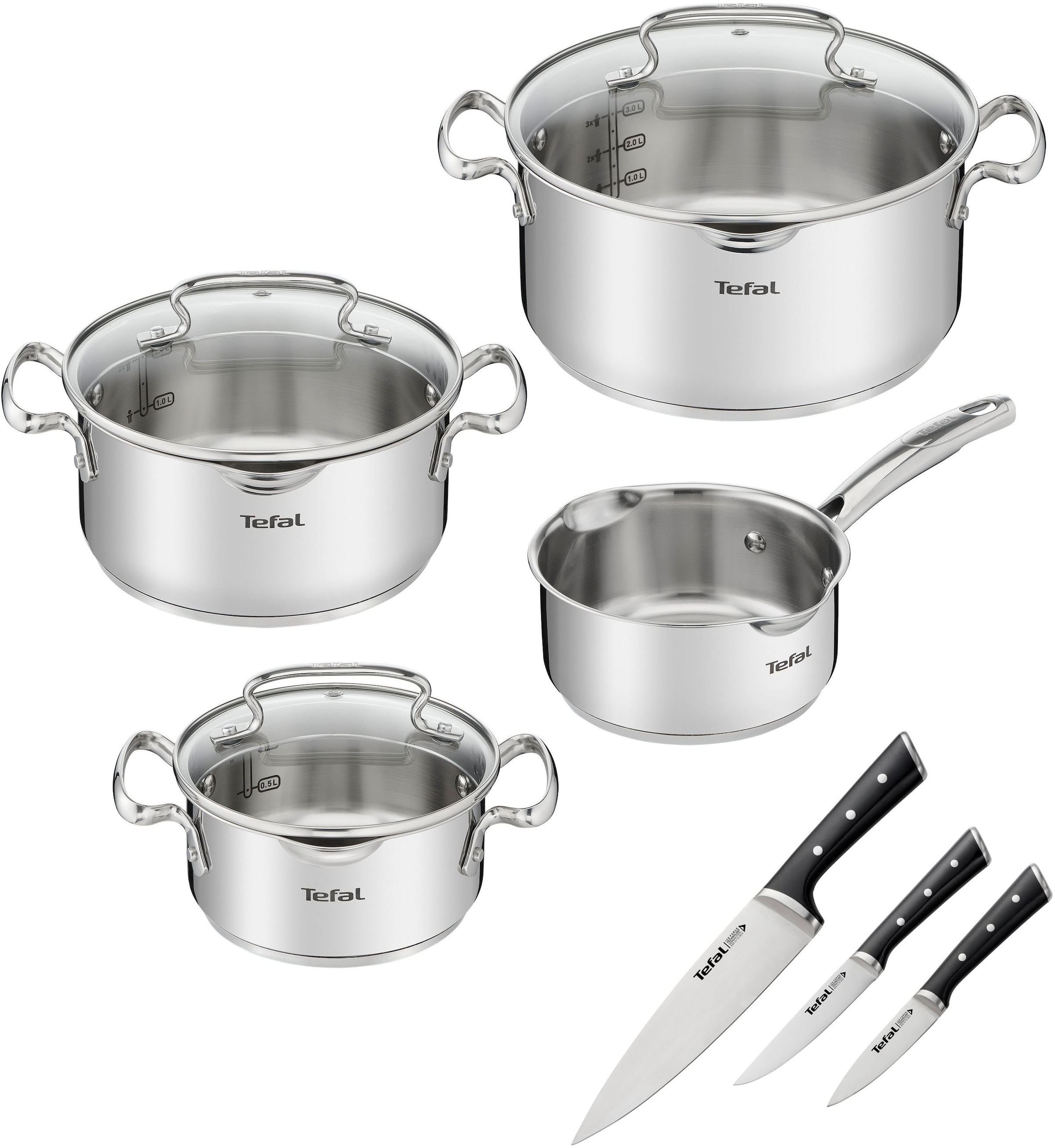 Tefal Topf-Set »G719S7_K2323S74 Duetto+ | Deckel Edelstahl, inkl. Edelstahl, Force«, BAUR 3tlg. Messer-Set m. tlg.), rostfreier 10 Ice Abgießfunktion, (Set