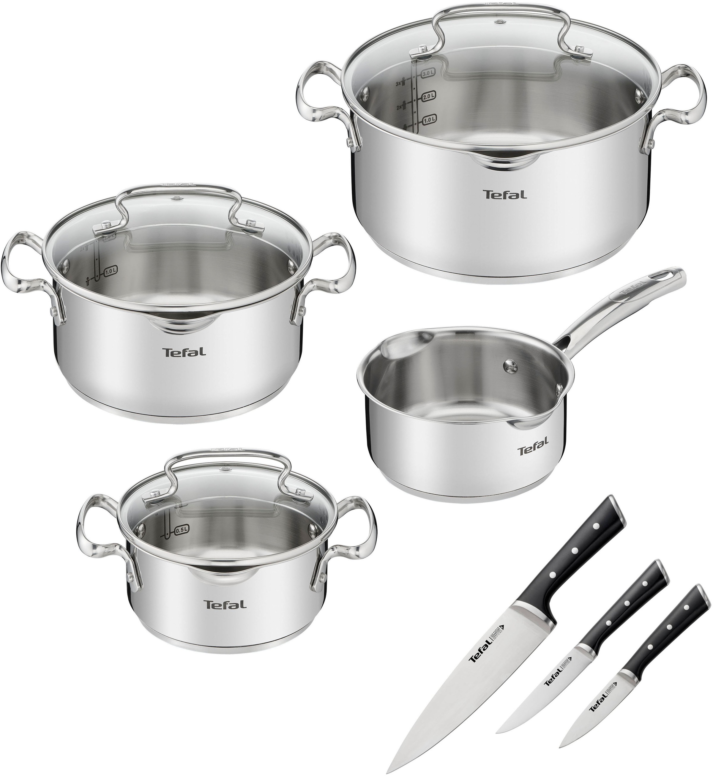 Tefal Topf-Set "G719S7 K2323S74 Duetto+ Ice Force", Edelstahl, (Set, 10 tlg., Kasserolle 16 cm, Töpfe mit Deckel 16/20/2