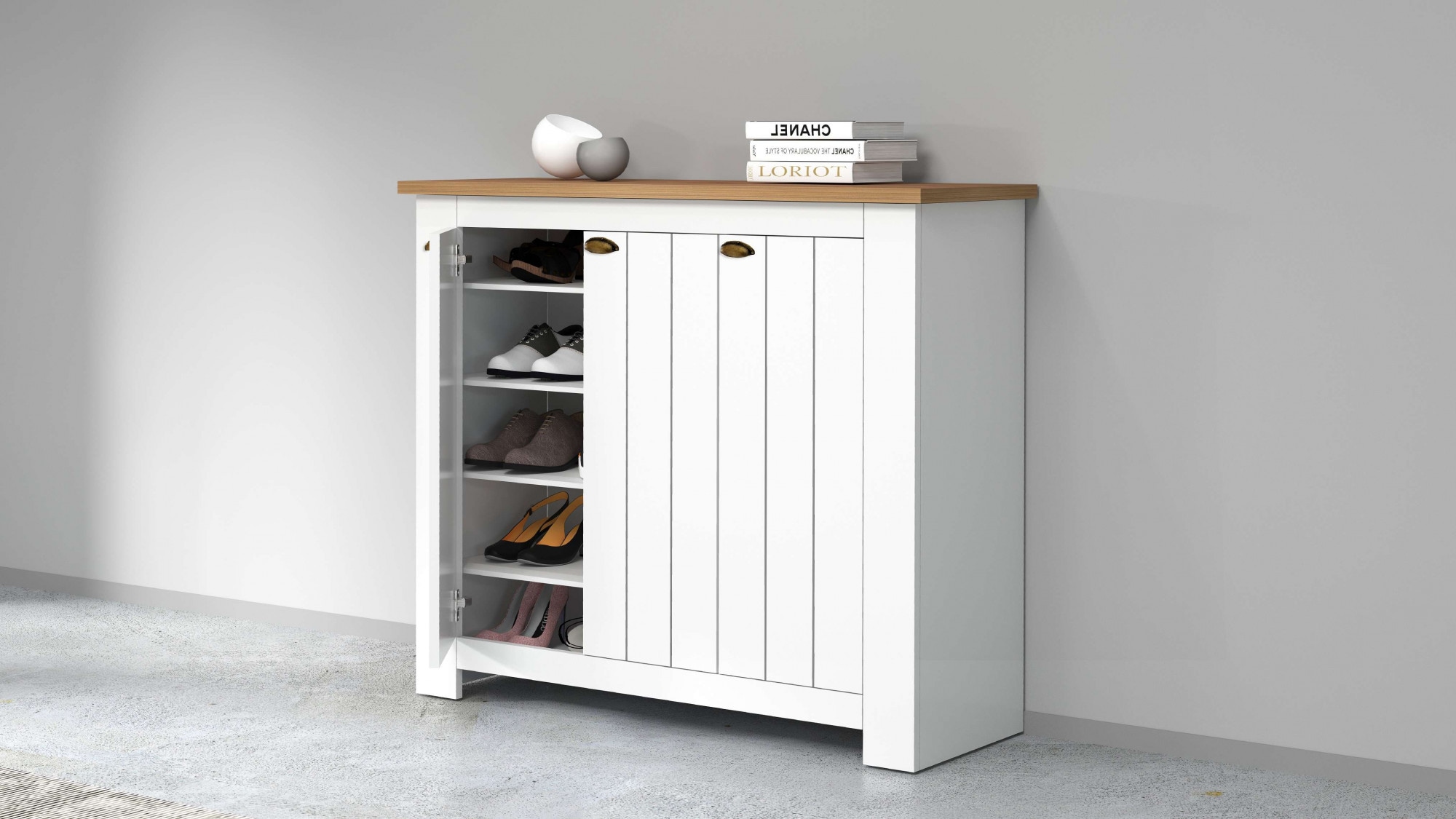 INOSIGN Schuhschrank »FIGO, Made in Italy – Schuhkommode,Schuhregal für ca. 30 Paar Schuhe«, (1 St.), 3-Türig, Siebdruck-dekorative Fräsungen, 10 Fächer, Höhe: 100 cm