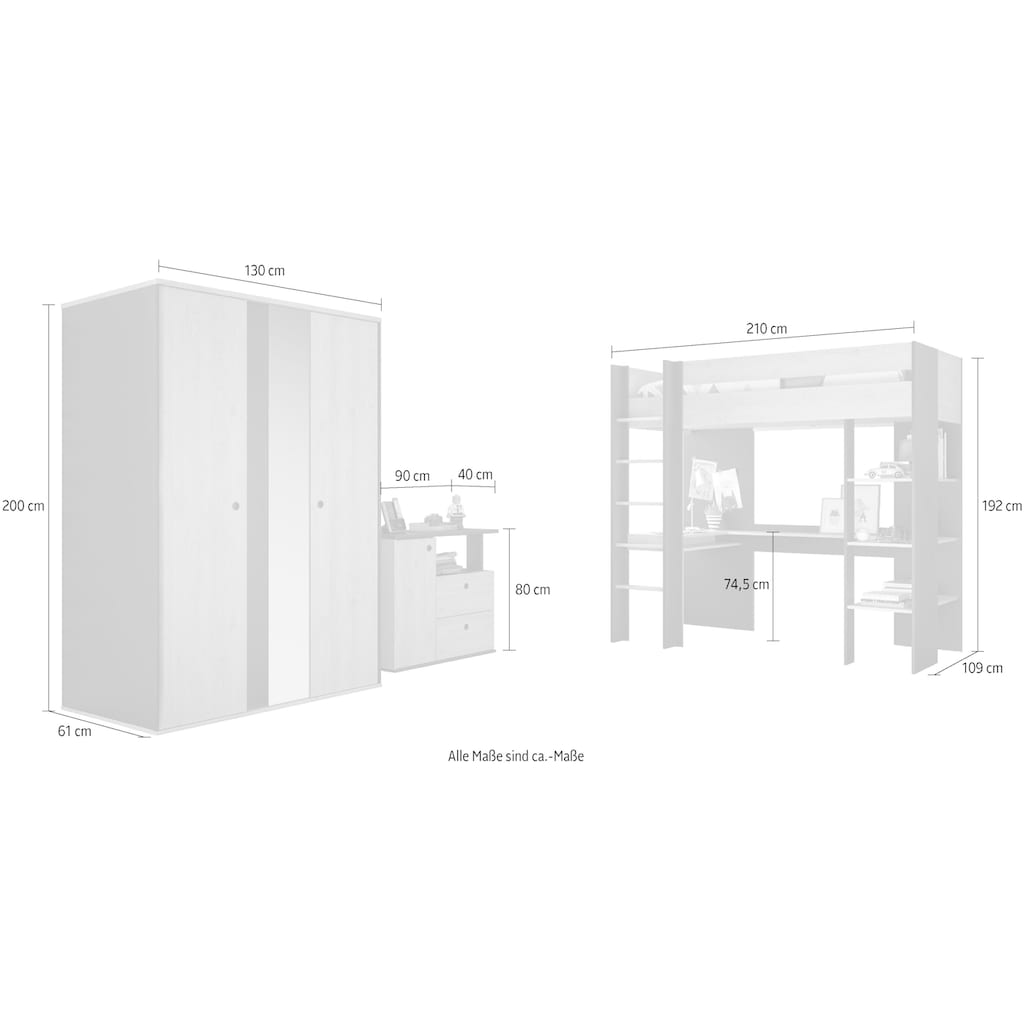 Gami Jugendzimmer-Set »Duplex«, (3 St., Kleiderschrank, Kommode, Hochbett)