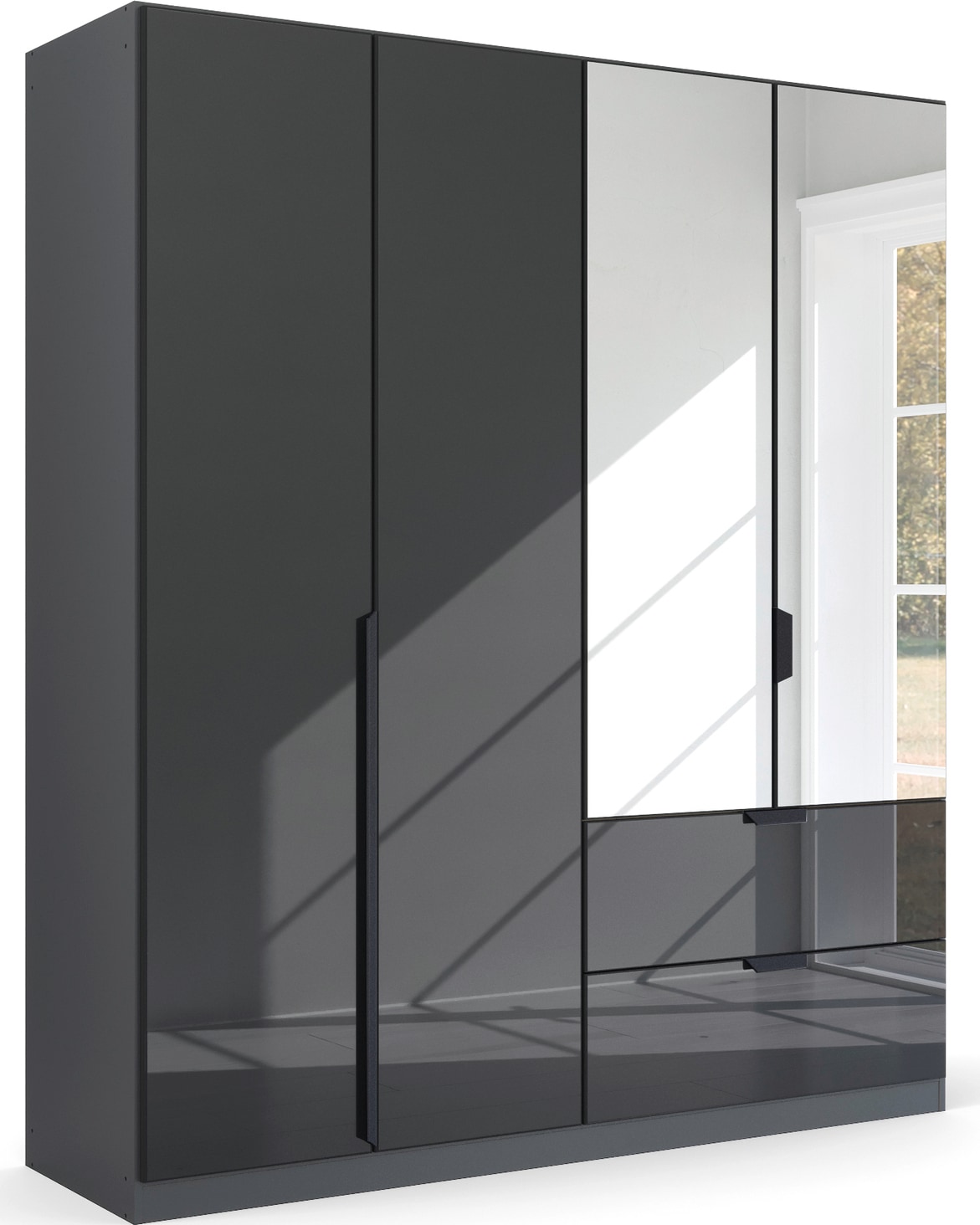 rauch Drehtürenschrank "Kleiderschrank Schrank Garderobe Ankleide MODERN BY QUADRA SPIN" Breiten: 181/226/271 cm, Höhe 210 cm, mit Spiegel und hochwertiger Glasfront, Stangengriff MADE IN GERMANY