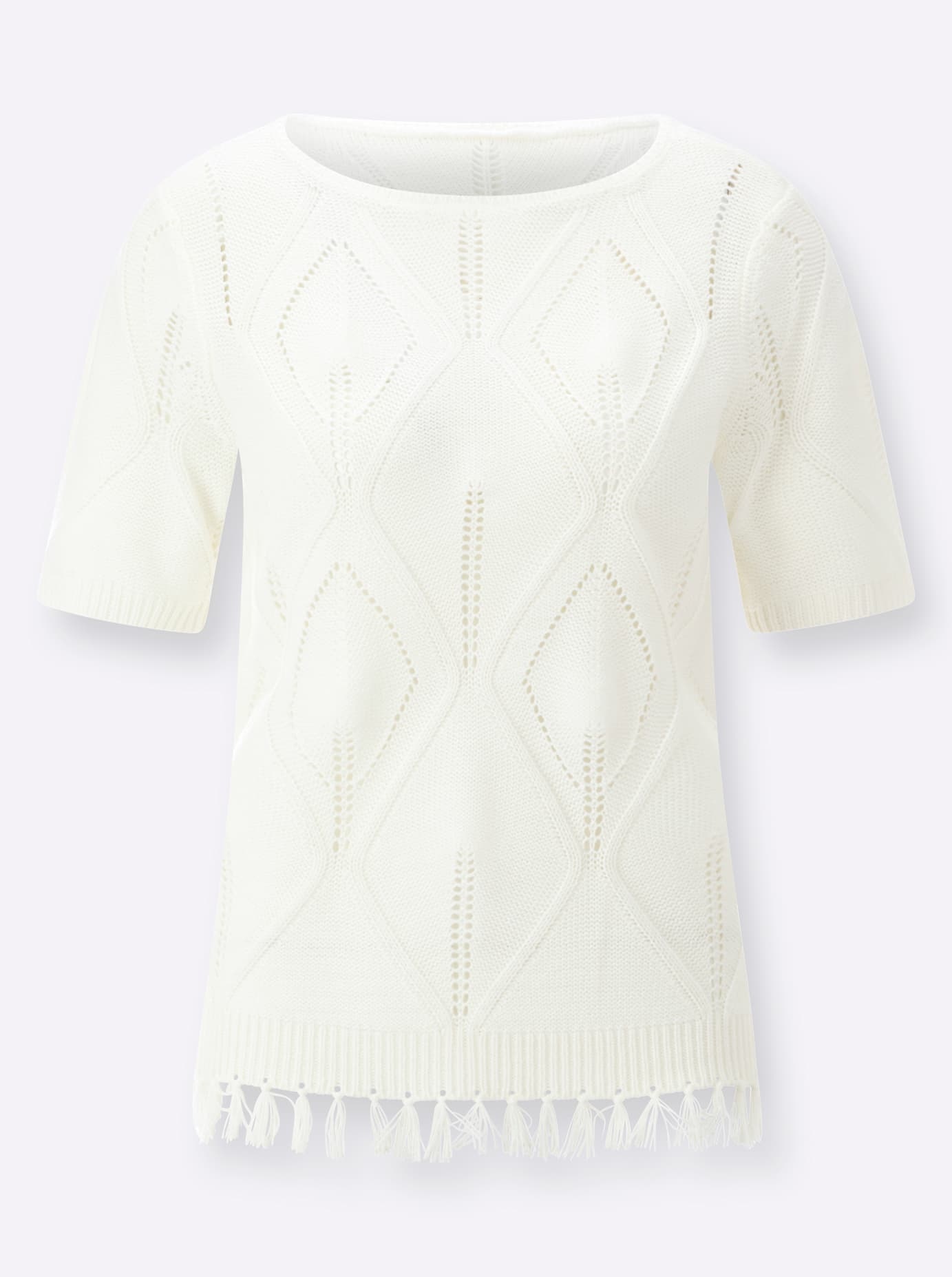 Kurzarmpullover CLASSIC BASICS "Ajour-Pullover", Damen, Gr. 48, beige (ecru), 100% Polyacryl, unifarben, Pullover 3
