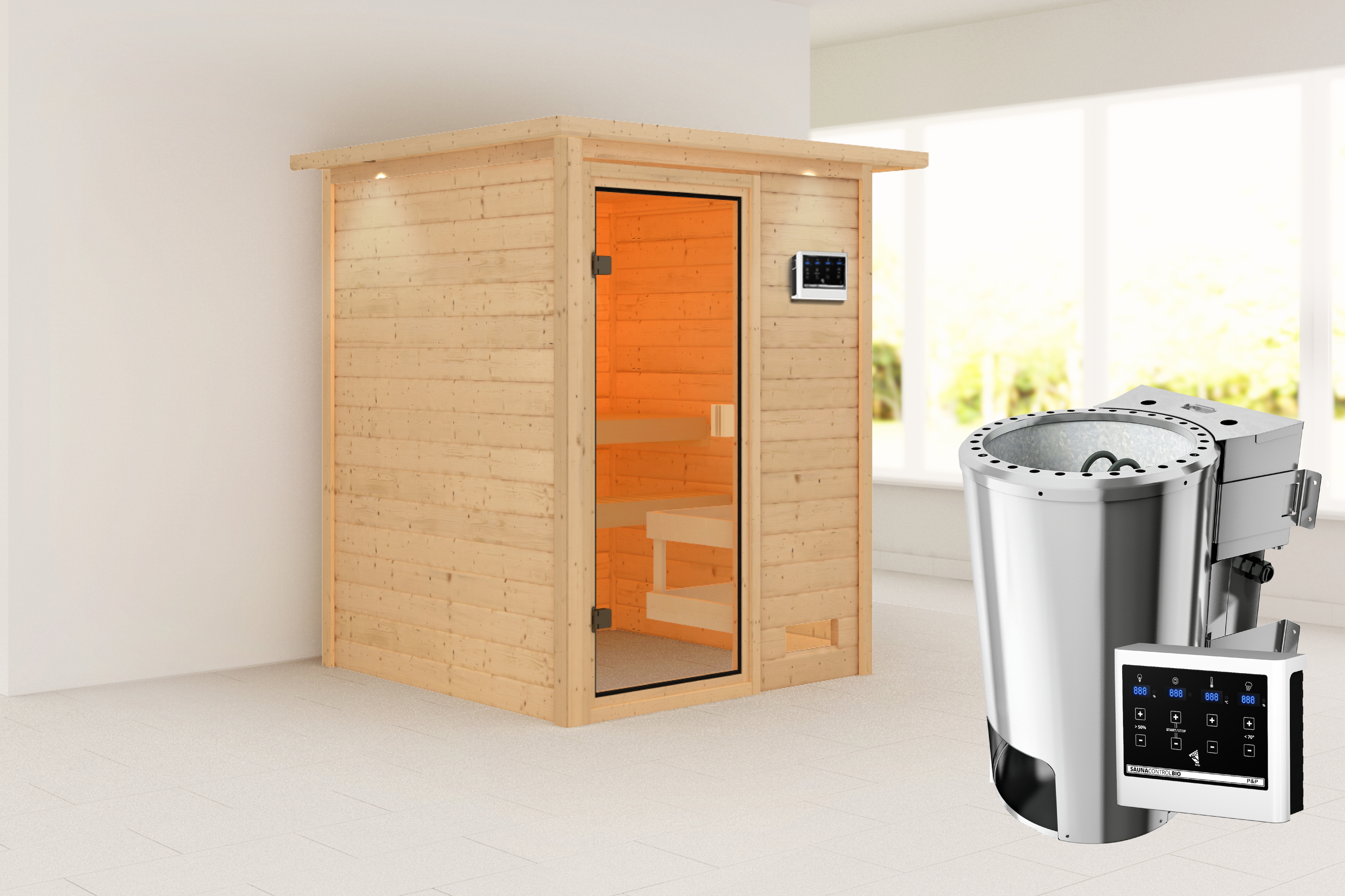 Karibu Sauna ""Sandy" mit bronzierter Tür und Kranz, naturbelassen" aus hochwertiger nordischer Fichte