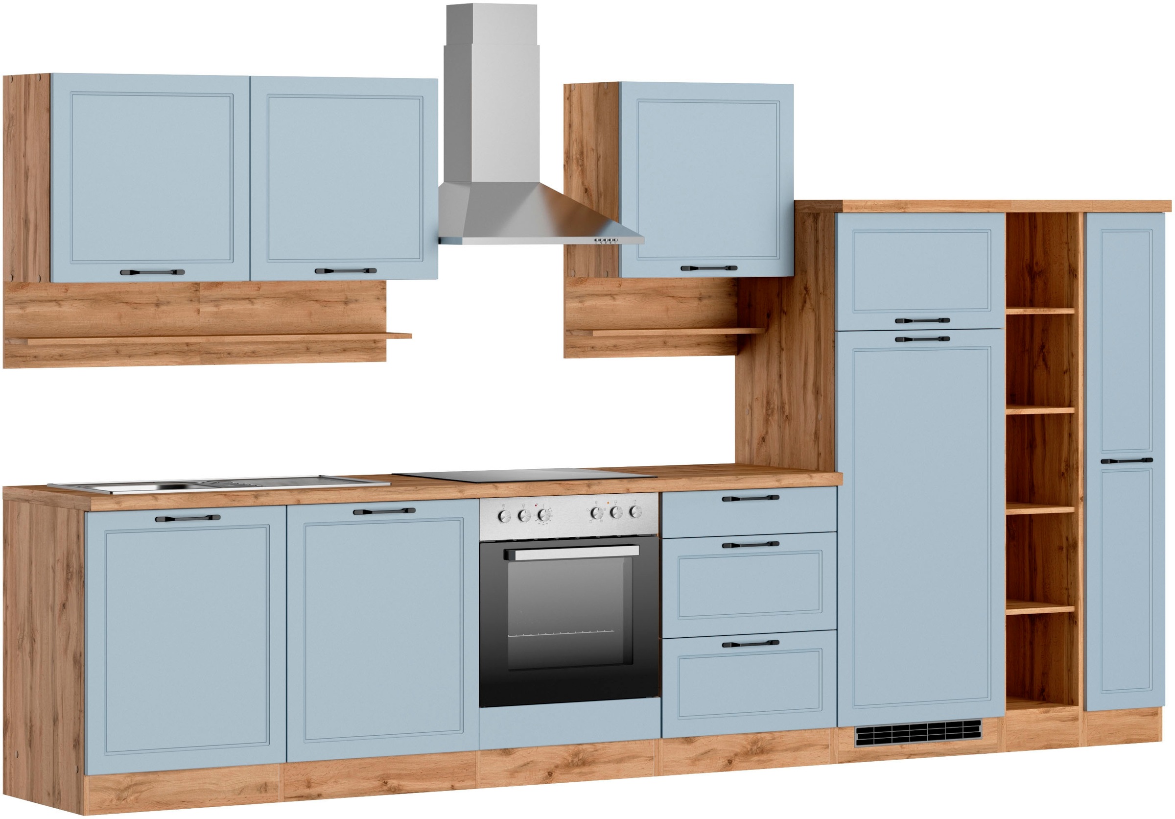 Küchenzeile KOCHSTATION, B:360cm H:200cm T:60cm, blau, Komplettküchen-Sets, "KS-Lana", 360 cm breit, wahlweise mit oder ohne E-Geräte