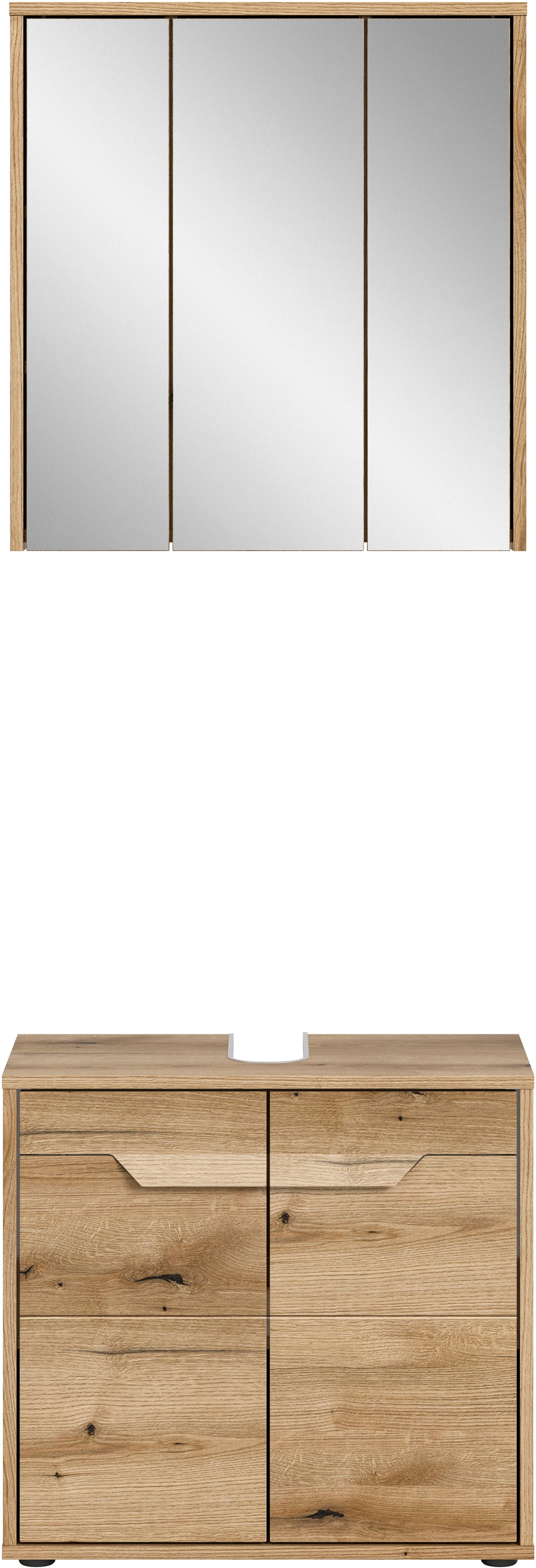 welltime Badmöbel-Set »Kayu, bestehend aus: Waschbeckenunterschrank, Spiegelschrank«, hochwertige MDF Front mit Rillenfräsung, Bad, Bad Set, Badezimmer