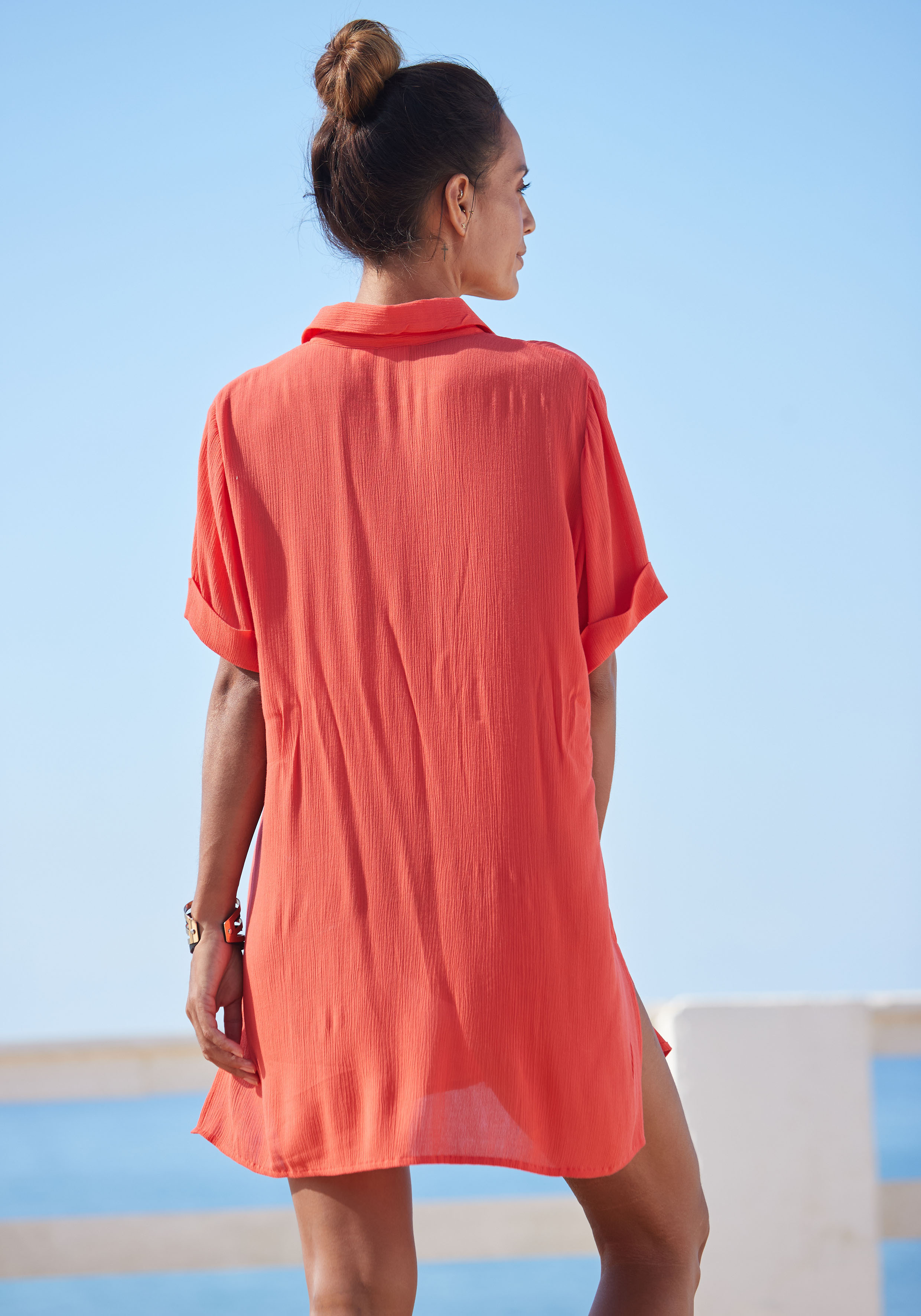 Thumbnail - LASCANA Longbluse, mit Knopfleiste, Kurzarmbluse, Blusenkleid, sommerlich
