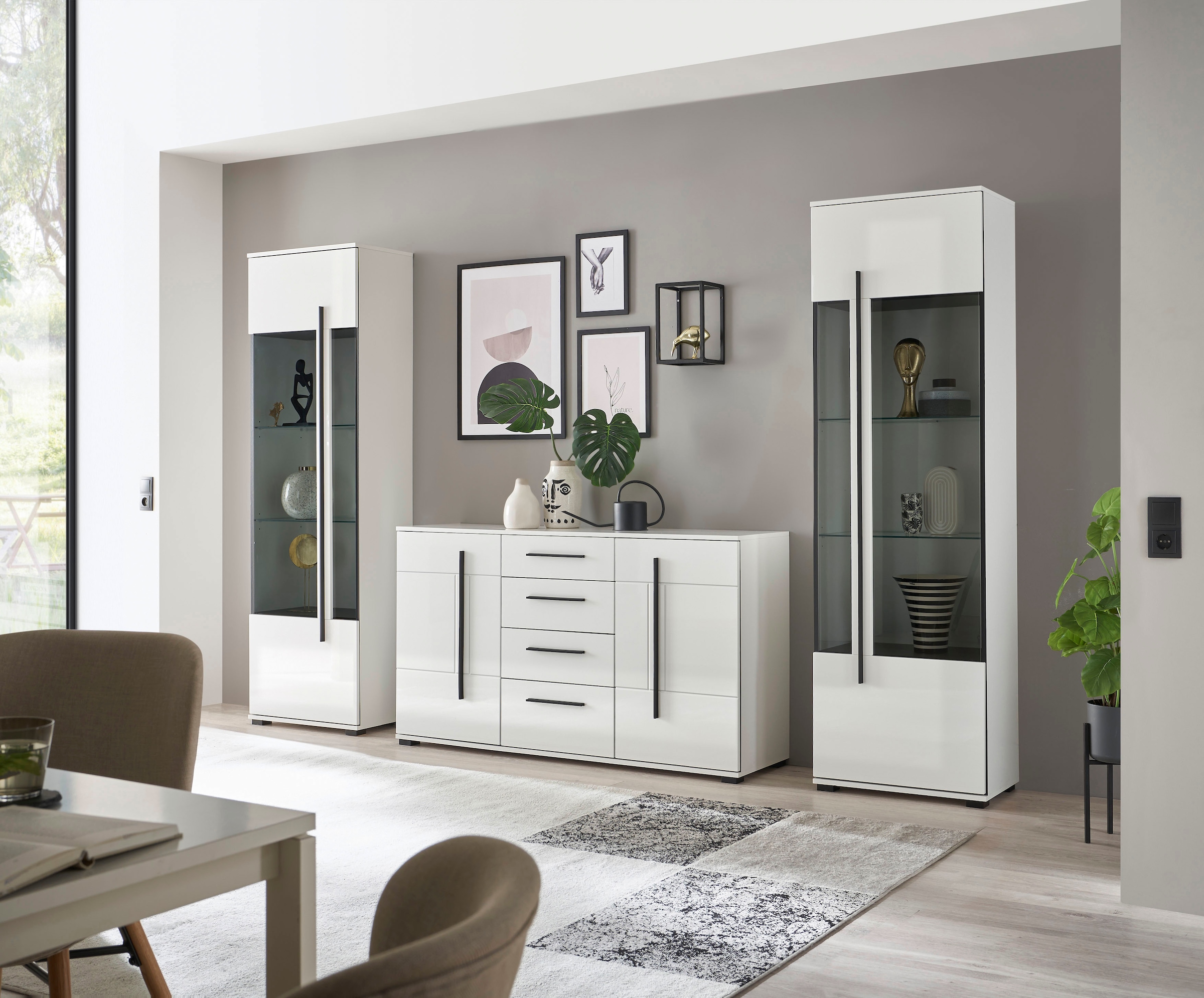 INOSIGN Wohnwand »Cantara, moderne Anbauwand, Wohnzimmer-Set, in Eiche Evoke oder Weiß«, (Set), enthält zwei Vitrinen und ein Sideboard