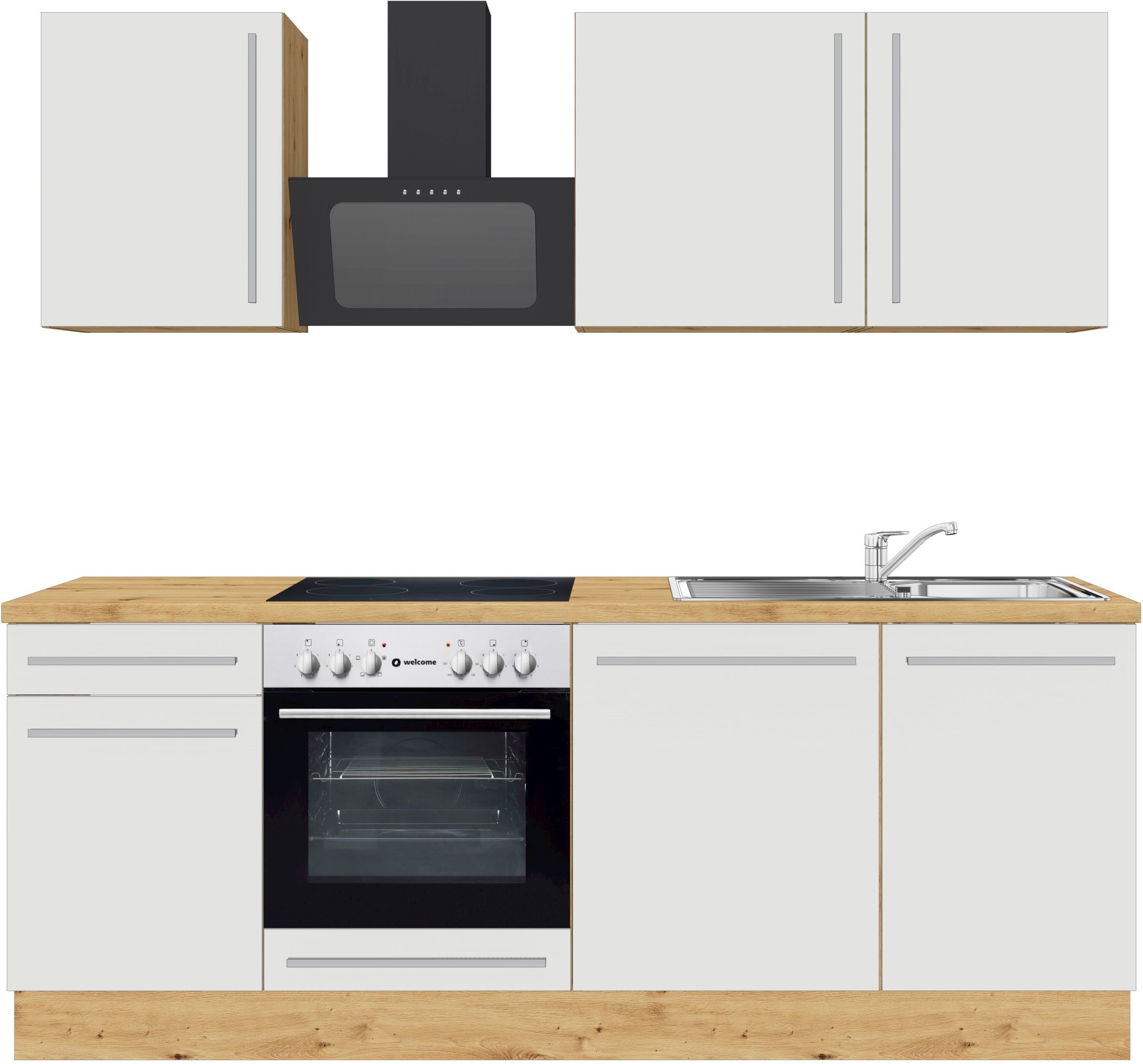 Kochstation Küchenzeile »Florida mit 38mm starker Arbeitsplatte«, Breite 220 cm, wahlweise mit E-Geräten, Soft-Close-Funktion