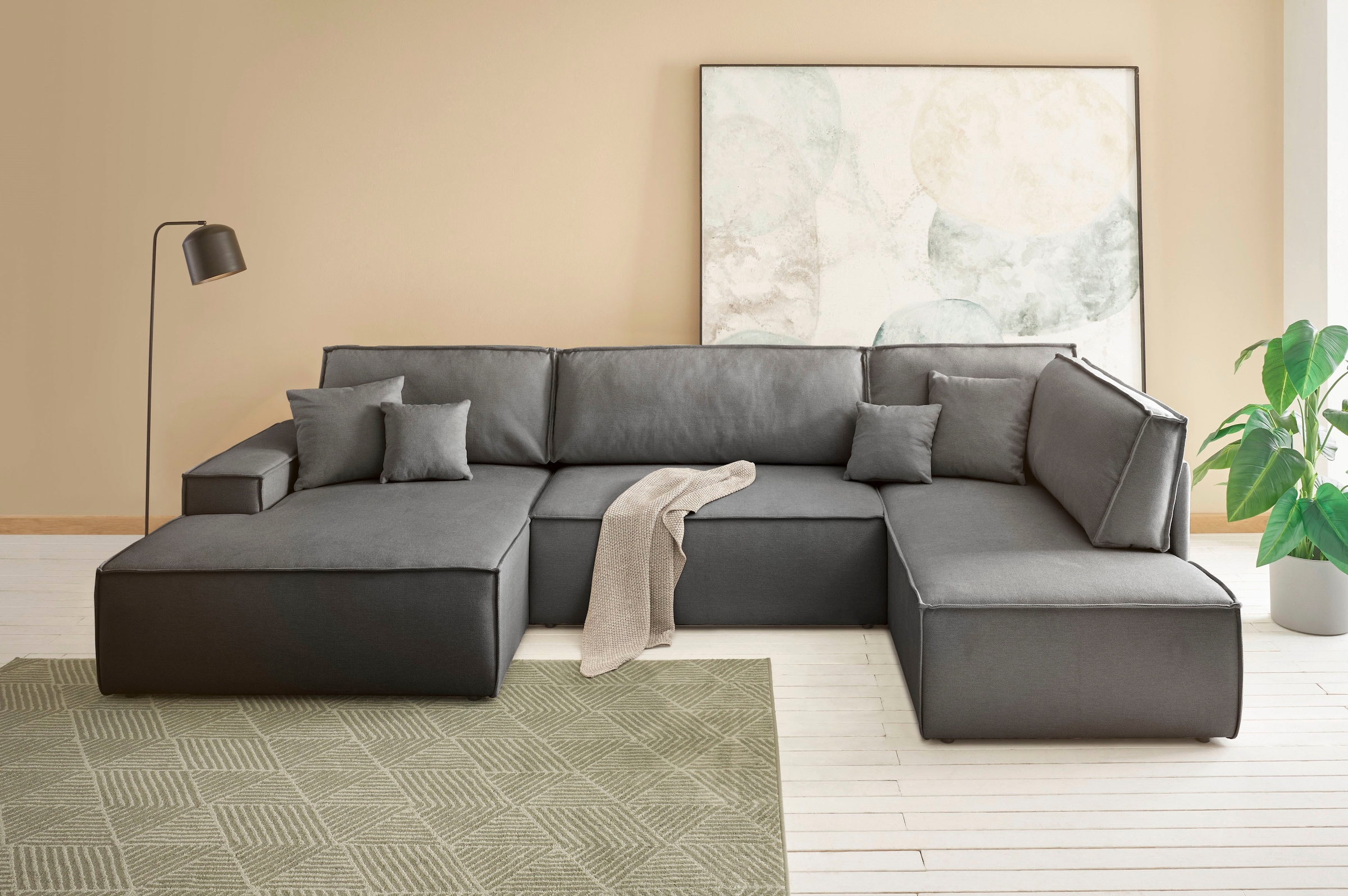 OTTO home Wohnlandschaft "FINNLEY Strurktur fein U-Form XXL 329 cm" Schlafsofa, Bettkasten, in Bouclé, Struktur fein und Mega Cord