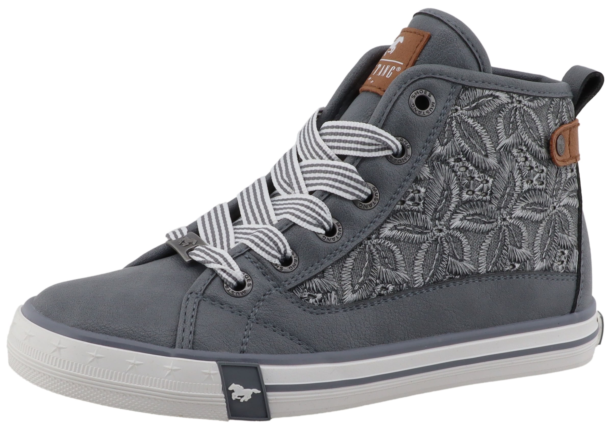 Sneaker MUSTANG SHOES "Gaspare", Mädchen, Gr. 36, jeanasblau, Lederimitat, Textil, Schuhe Sneaker, Schnürboots, Freizeitschuh mit hübscher Blüenstickerei