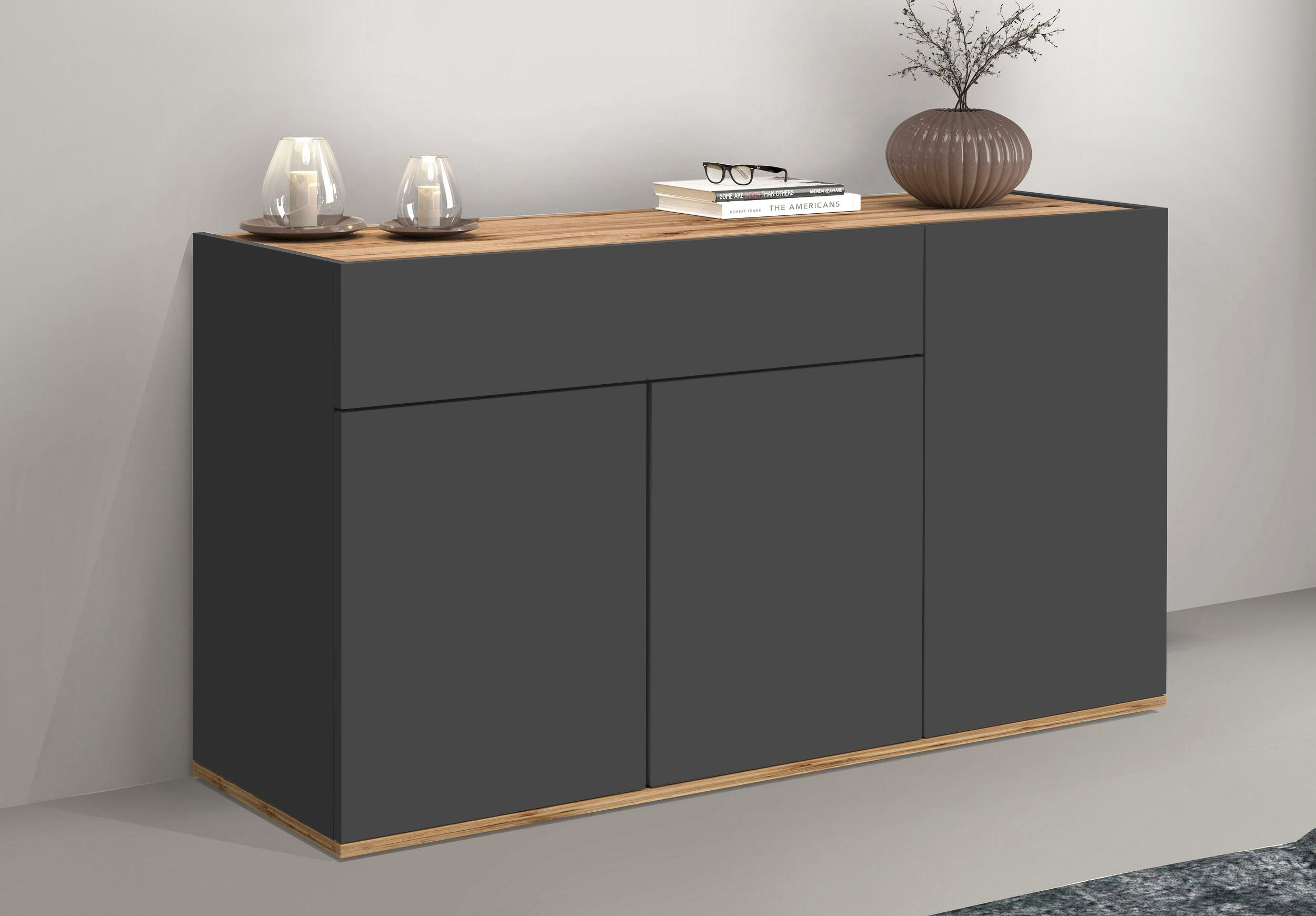 OTTO home Sideboard "Garda, Kommode, Schrank, 3 Türen, 1 Schublade, Made in Italy" 3 Türen, 1 Schublade, grifflos Breite 120,1 cm, anthrazit/eiche matt