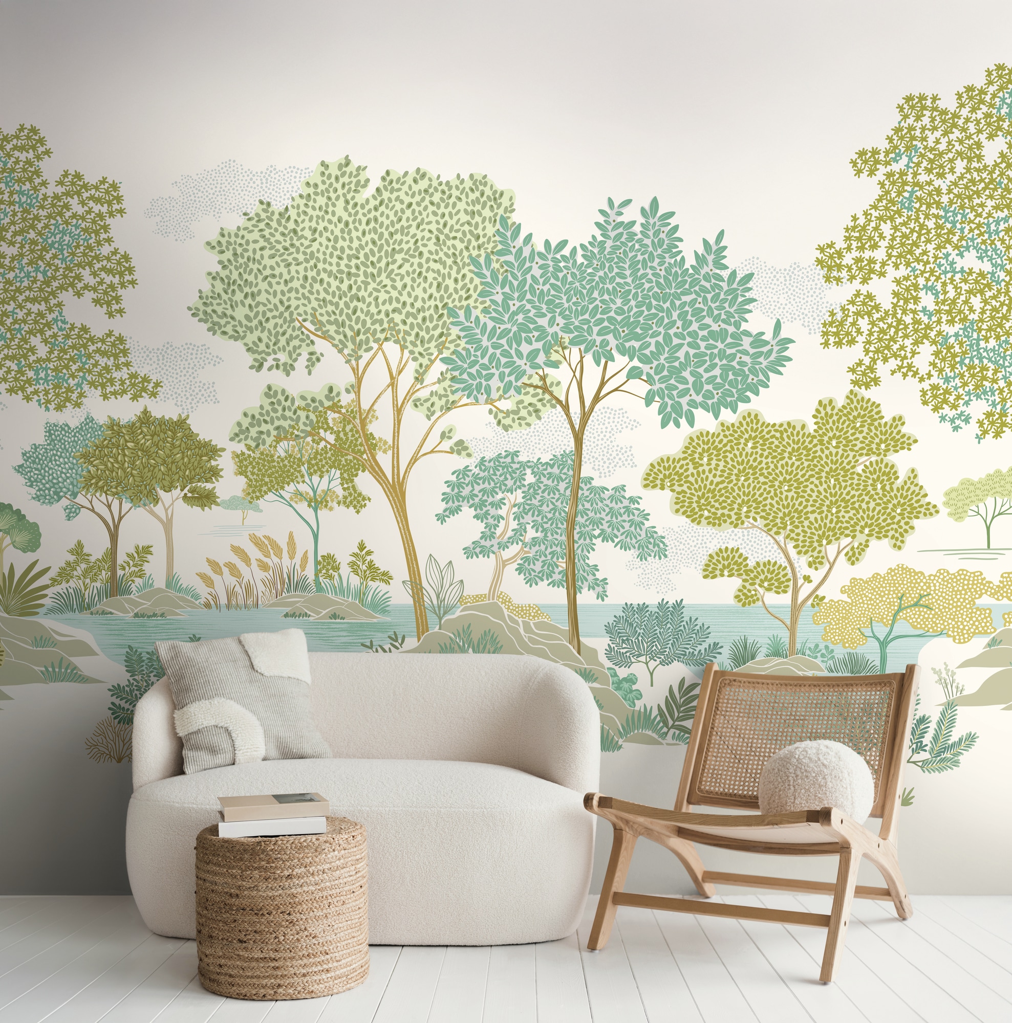 living walls Fototapete "The Wall 4 Eyecatcher – Malerische Baumlandschaft Vlies-Fototapete" Motiv matt naturalistisch leicht strukturiert Malerische Baumlandschaft mit atmosphärischer Tiefe
