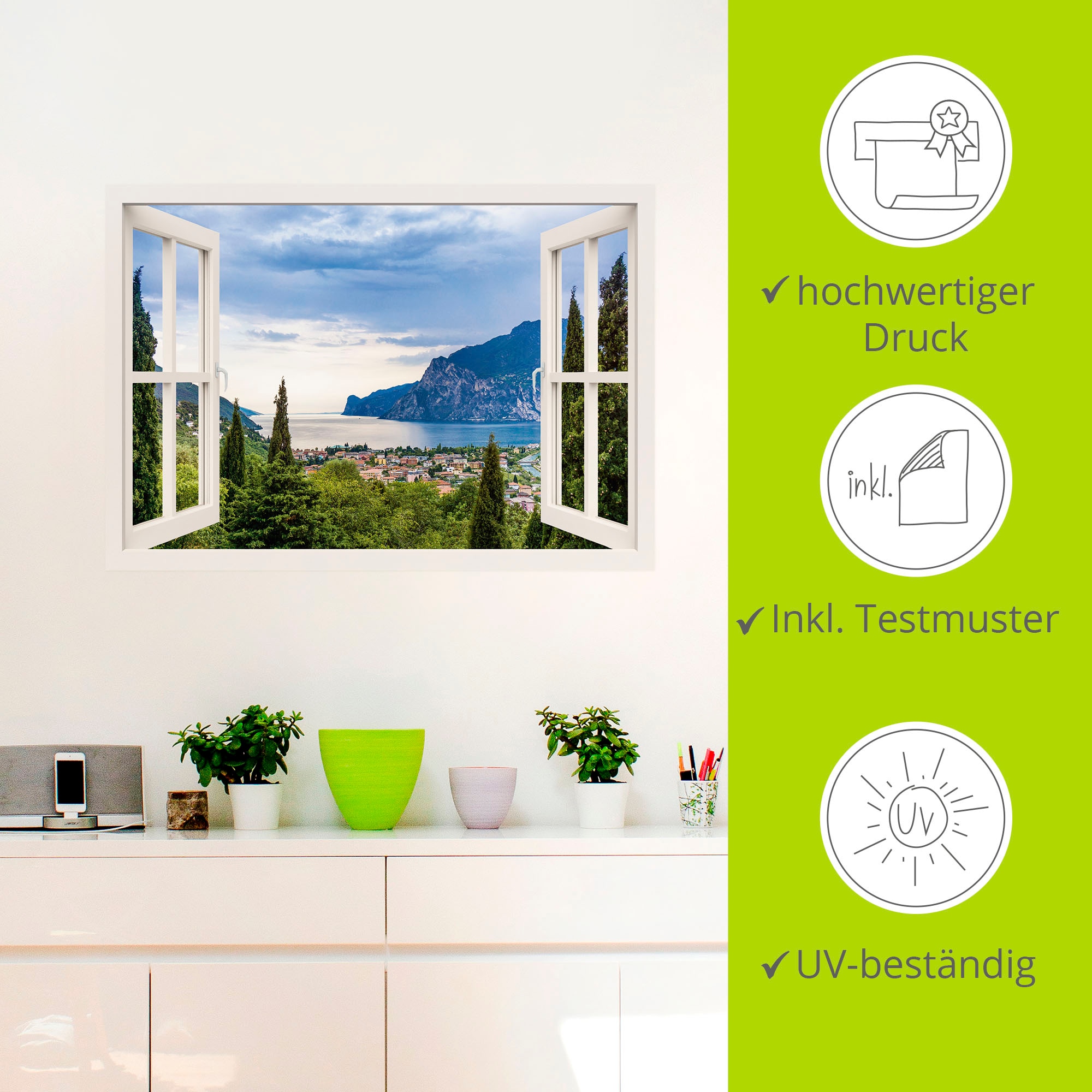 Artland Wandbild »Gardasee durchs weiße Fenster«, Seebilder, (1 St.), als Alubild, Outdoorbild, Leinwandbild, Poster, Wandaufkleber