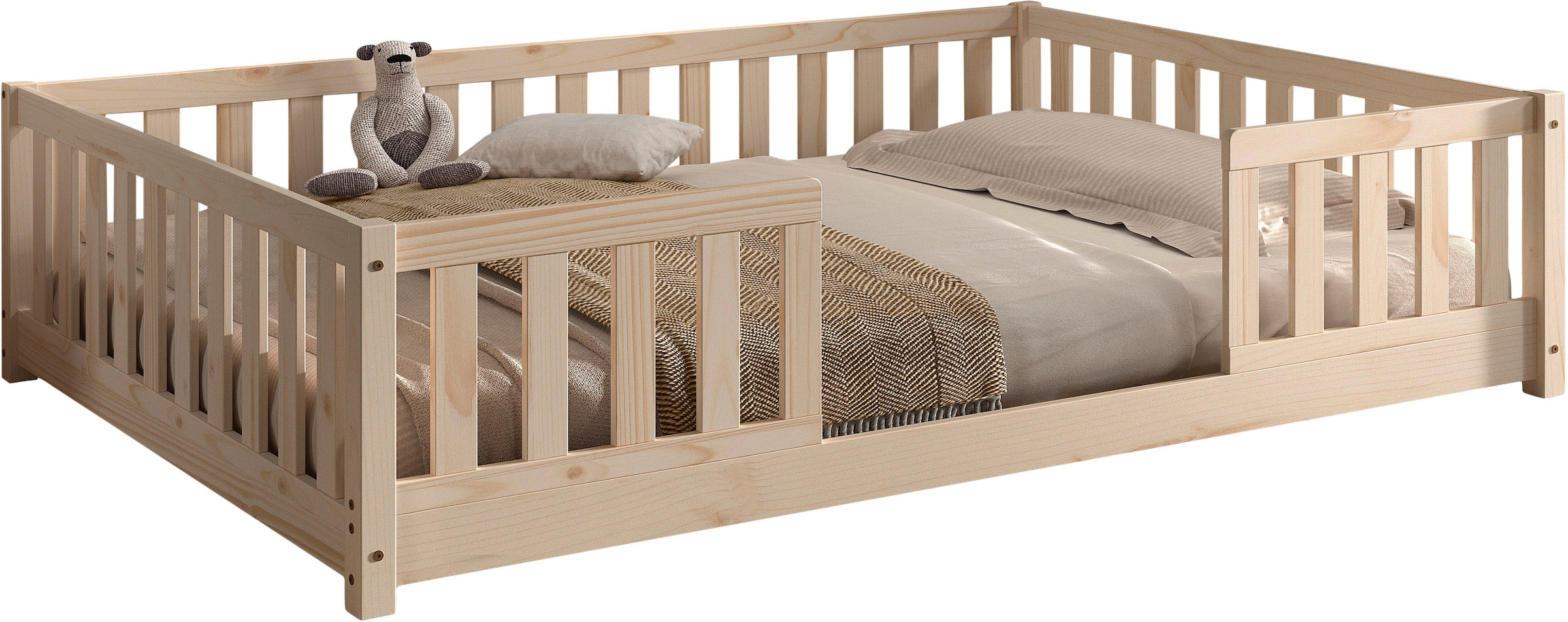 Vipack Kinderbett »Dallas, massiv Bett, Rausfallschutz, umbaubar vom Boden- zum Daybett« inkl. Rolllattenrost und Sprossenumrandung, 90 oder 140x200 cm breit,  stabil und standfest gebaut, wahlweise Kiefer massiv natur oder weiß