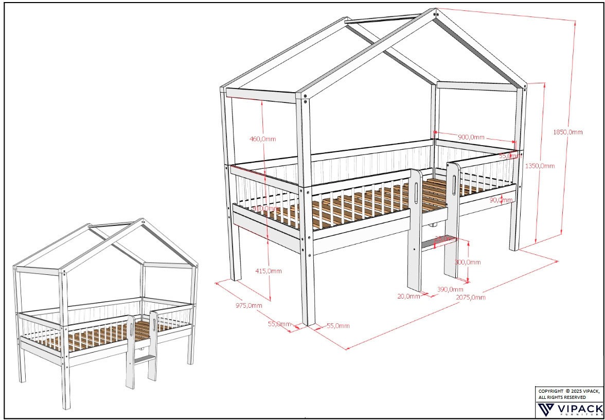 Vipack Hausbett »Inkl. Dachaufbau, Leiter und Rolllattenrost, Made in Europe« wahlweise mit und ohne dekorativem Textilhimmel erhältlich,  hochwertig und stabil bebaut, Buche massiv weiß lackiert