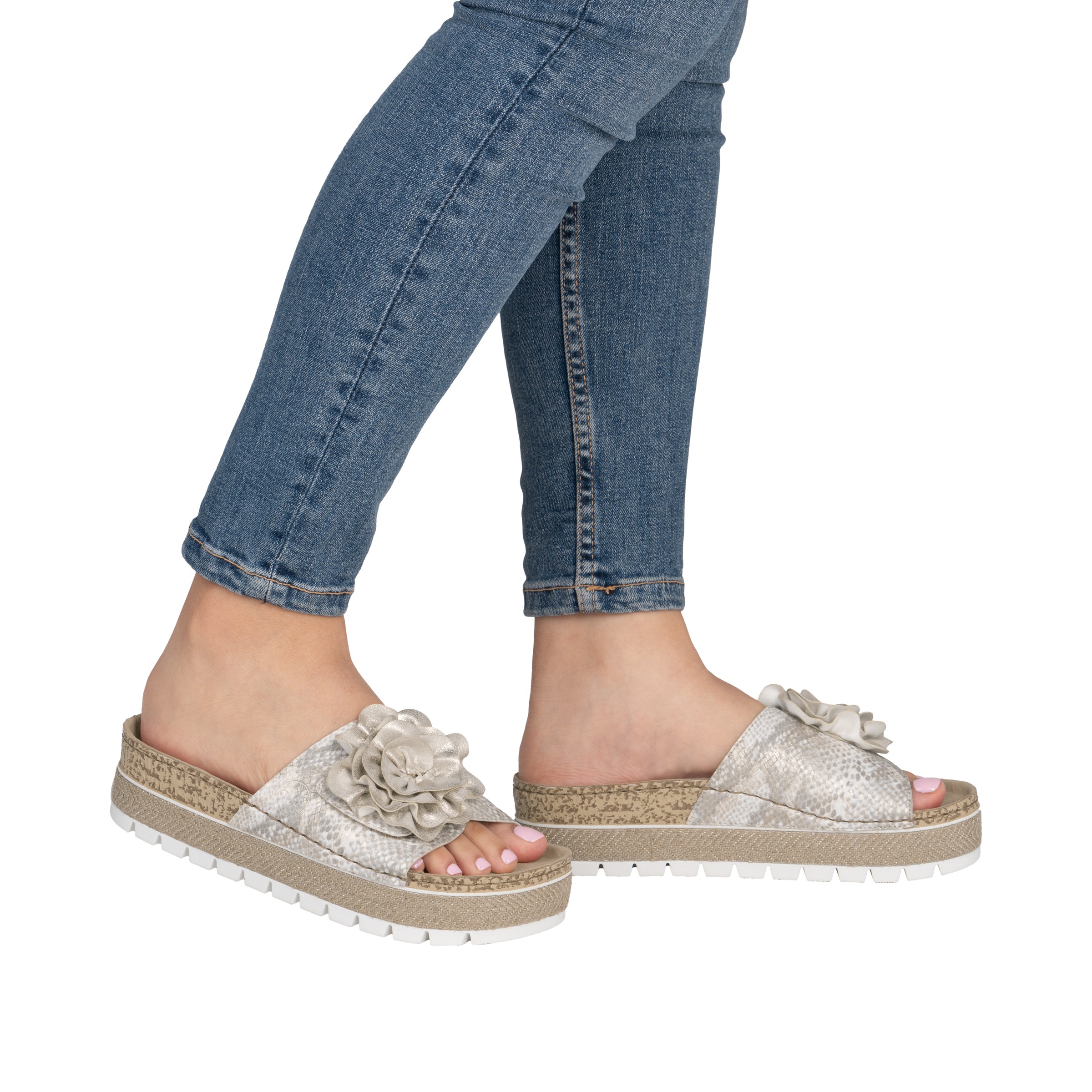 Pantolette RIEKER, Damen, Gr. 40, beige, goldfarben, Lacklederimitat, Textil, Reptilienprägung, metallic, Schuhe Pantolette, Sommerschuh, Schlappen mit modischem Plateau 3