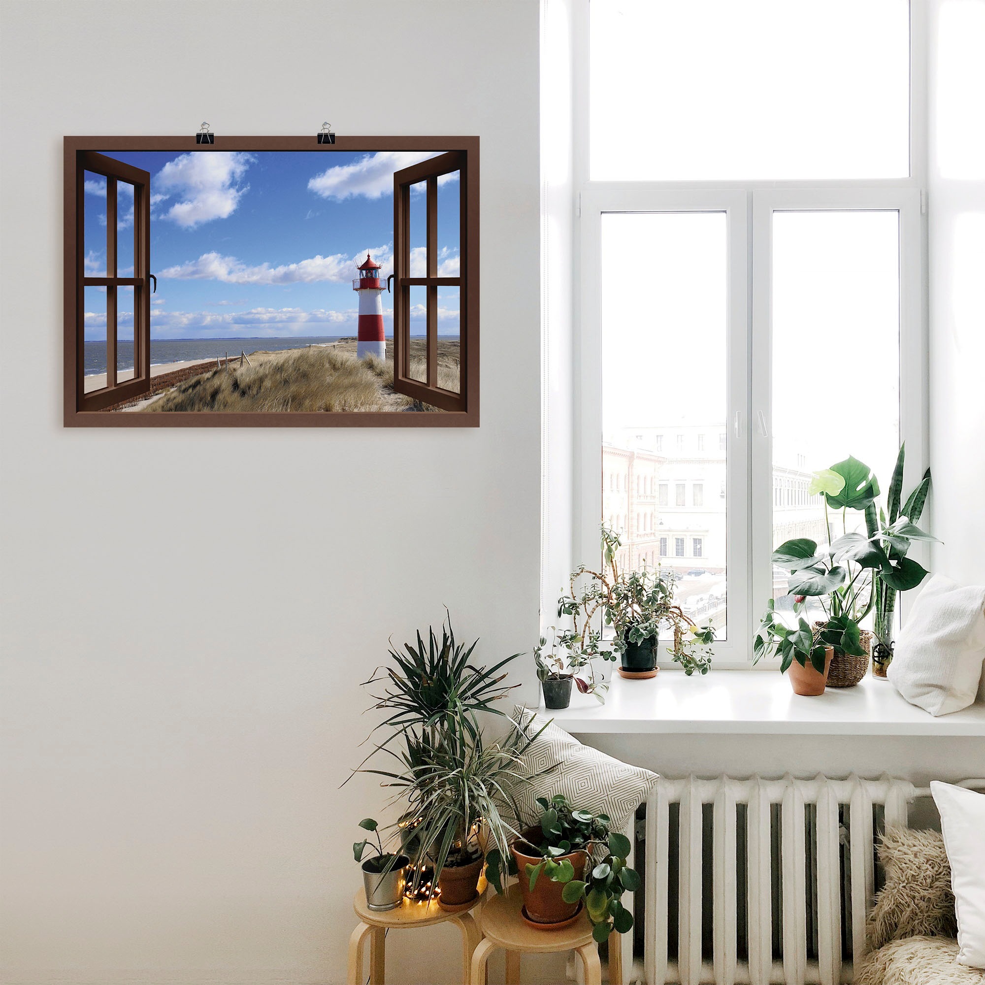 Artland Wandbild »Fensterblick - Leuchtturm Sylt«, Fensterblick, (1 St.), als Leinwandbild, Poster in verschied. Größen