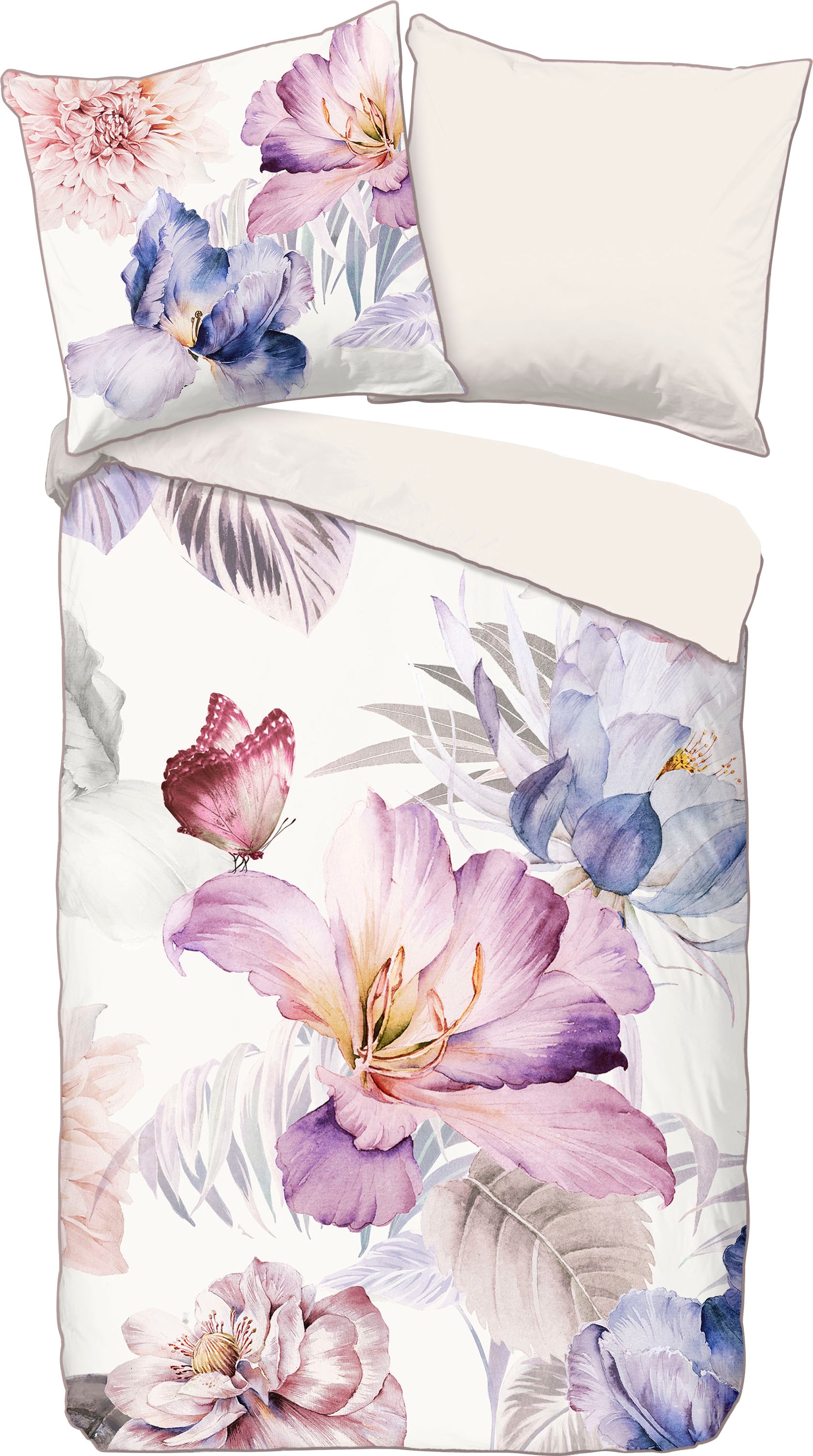 Descanso Wendebettwäsche »Caen«, Baumwolle, Satin, 135x200, Biese, Reißverschluss, Wende, Blumen, Natur