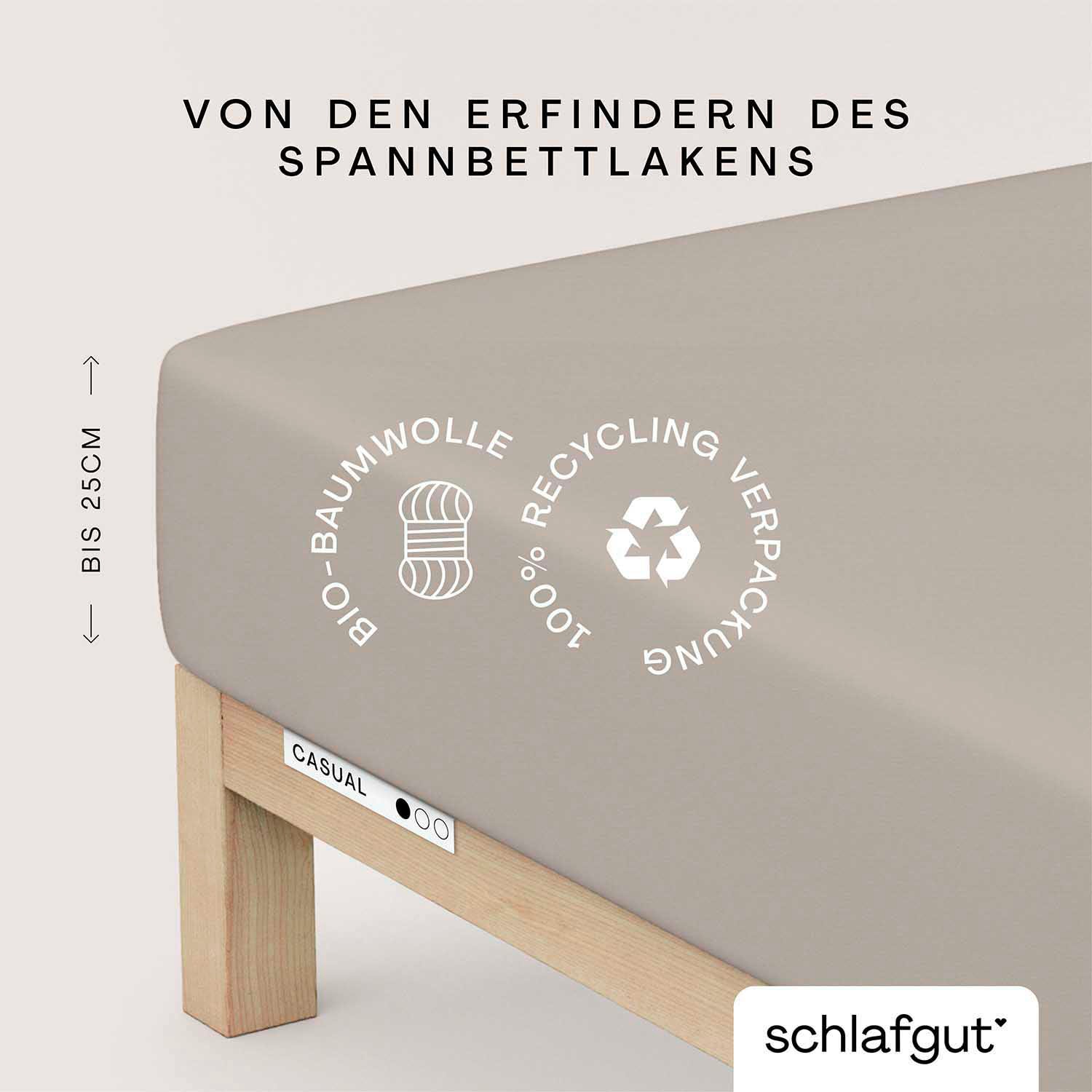 Schlafgut Spannbettlaken "CASUAL Bettlaken 100% gekämmte Bio-Baumwolle, 150 g/m², Spannbetttuch" Bettlaken bis 25 cm Höhe, langlebig, weich, Antipilling-Ausrüstung