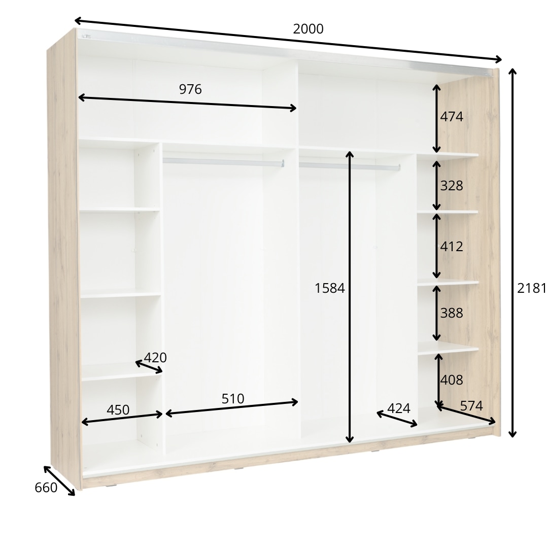 INOSIGN Kleiderschrank »Fabella mit Spiegel, 8 Einlegeböden und 2 Kleiderstange«, Garderobe mit 2 Schwebetüren und Spiegel, BxHxT 200x218x66,5 cm