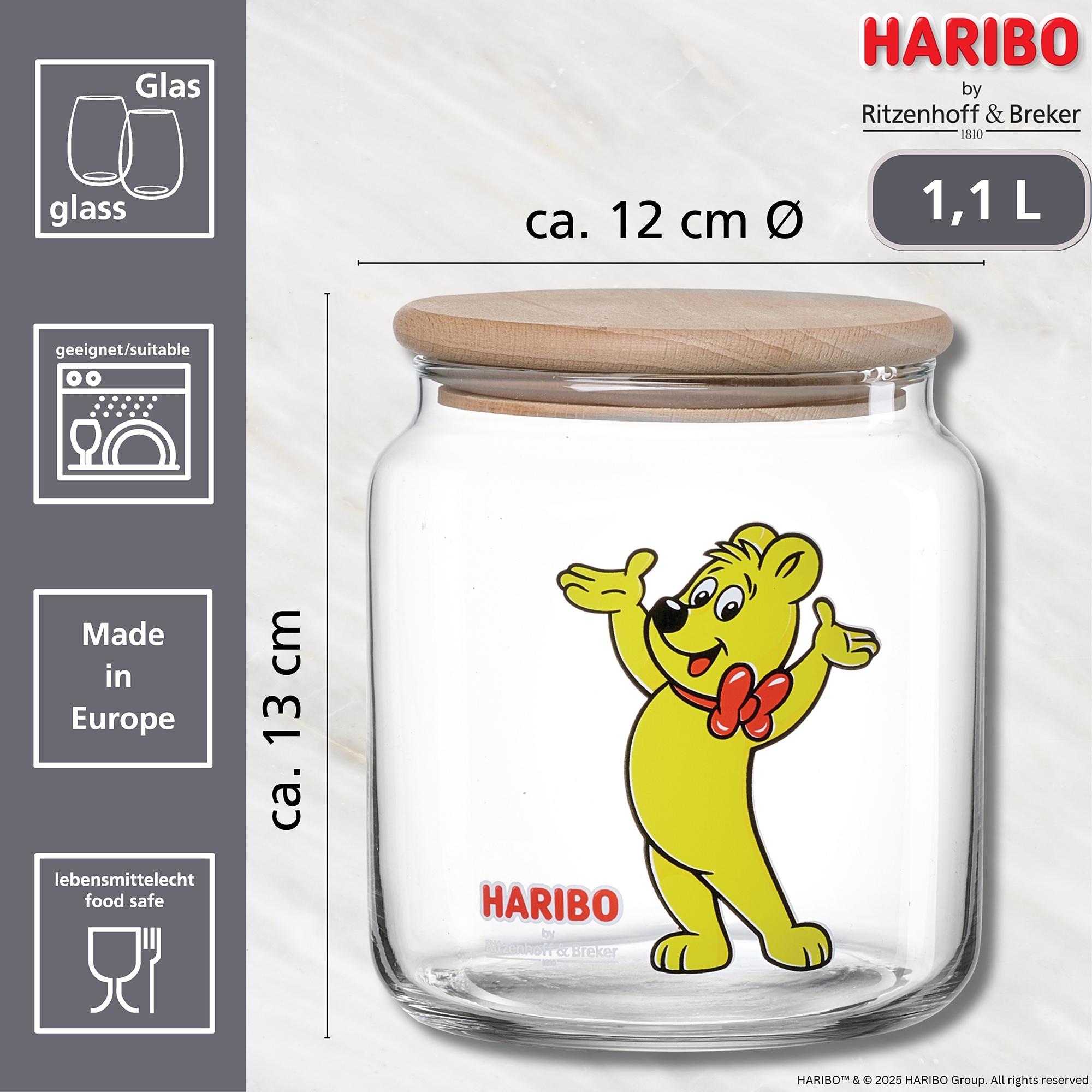 Ritzenhoff & Breker Vorratsglas »HARIBO Hands Up, 1,1 Liter«, (1 tlg.), Maße: 12 x 12 x 13 cm