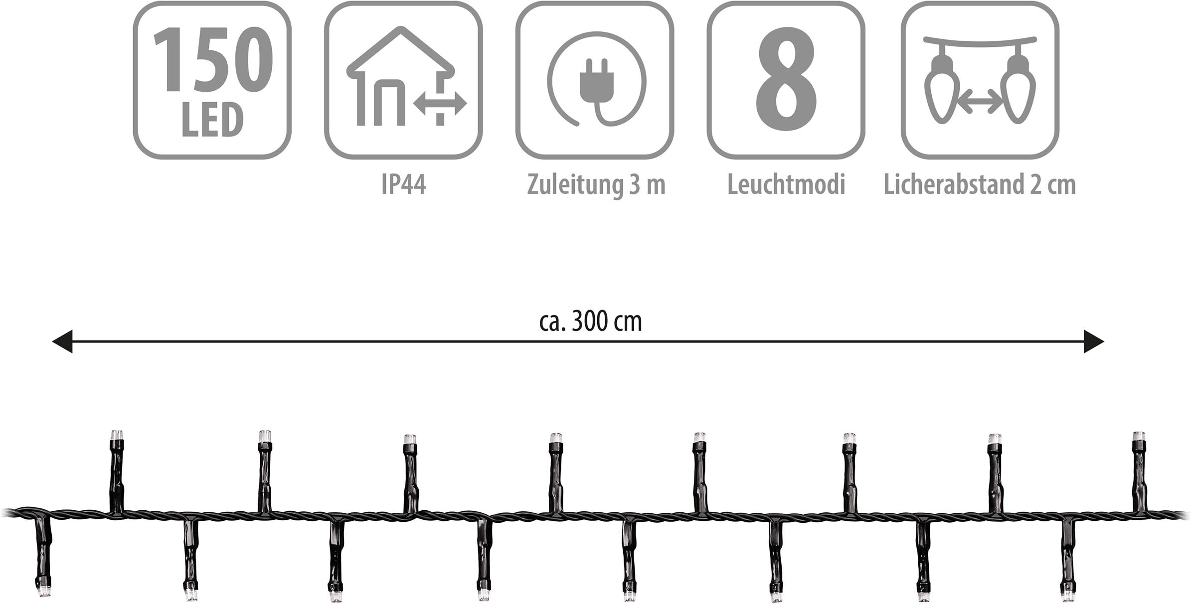 OTTO home LED-Lichterkette »Clusterlichterkette,3/6/8/12/14/18/24 m, 8 Modi, Timer, Indoor Outdoor« Blinkfunktionen, Timer, Memoryfunktion, incl. Atapter, 3 m Zuleitung
