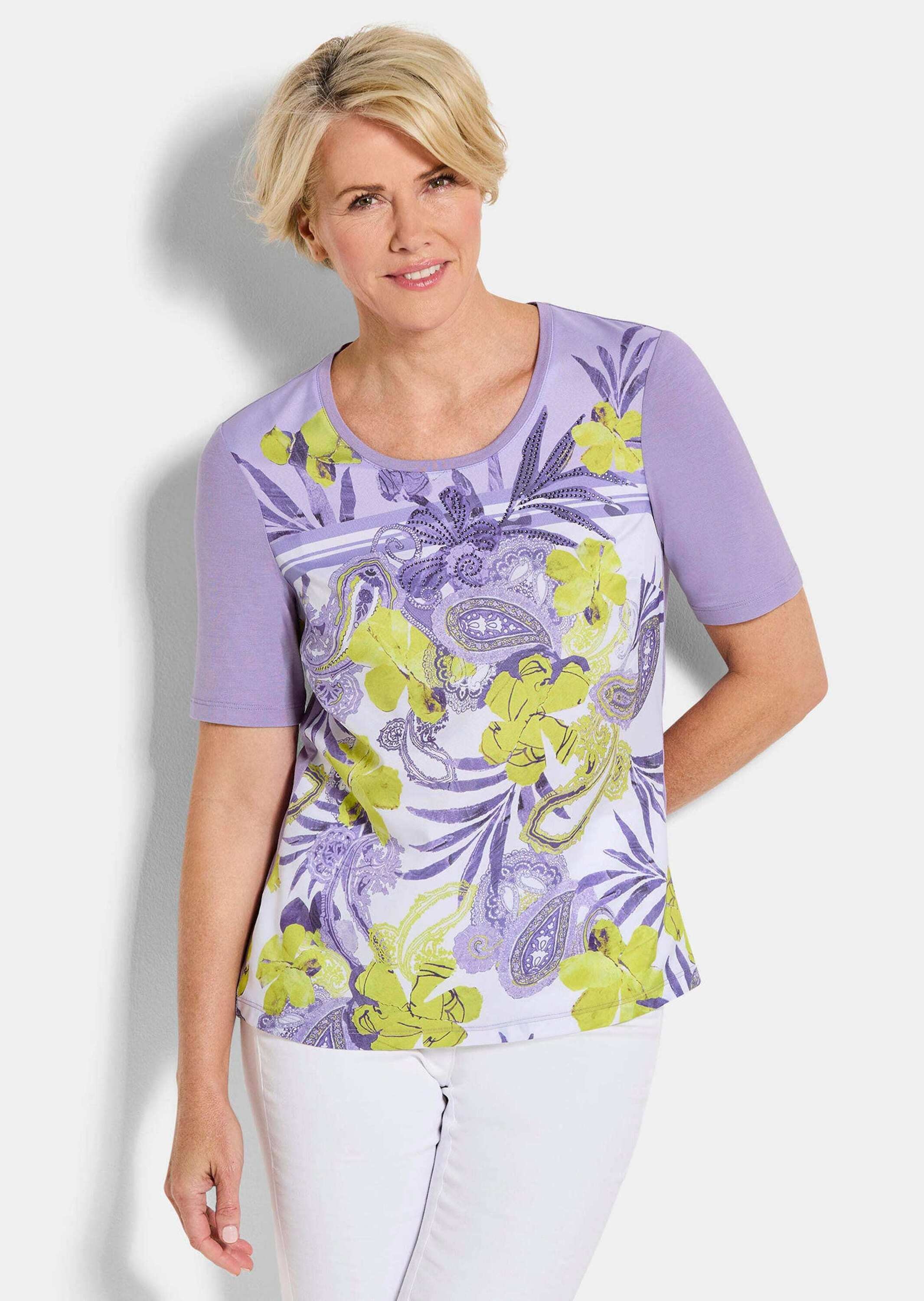 Thumbnail - GOLDNER Kurzarmbluse "Kurzgröße Glanzshirt mit floralem Paisley-Muster" Ton in Ton Ziersteinchen auf dem Print