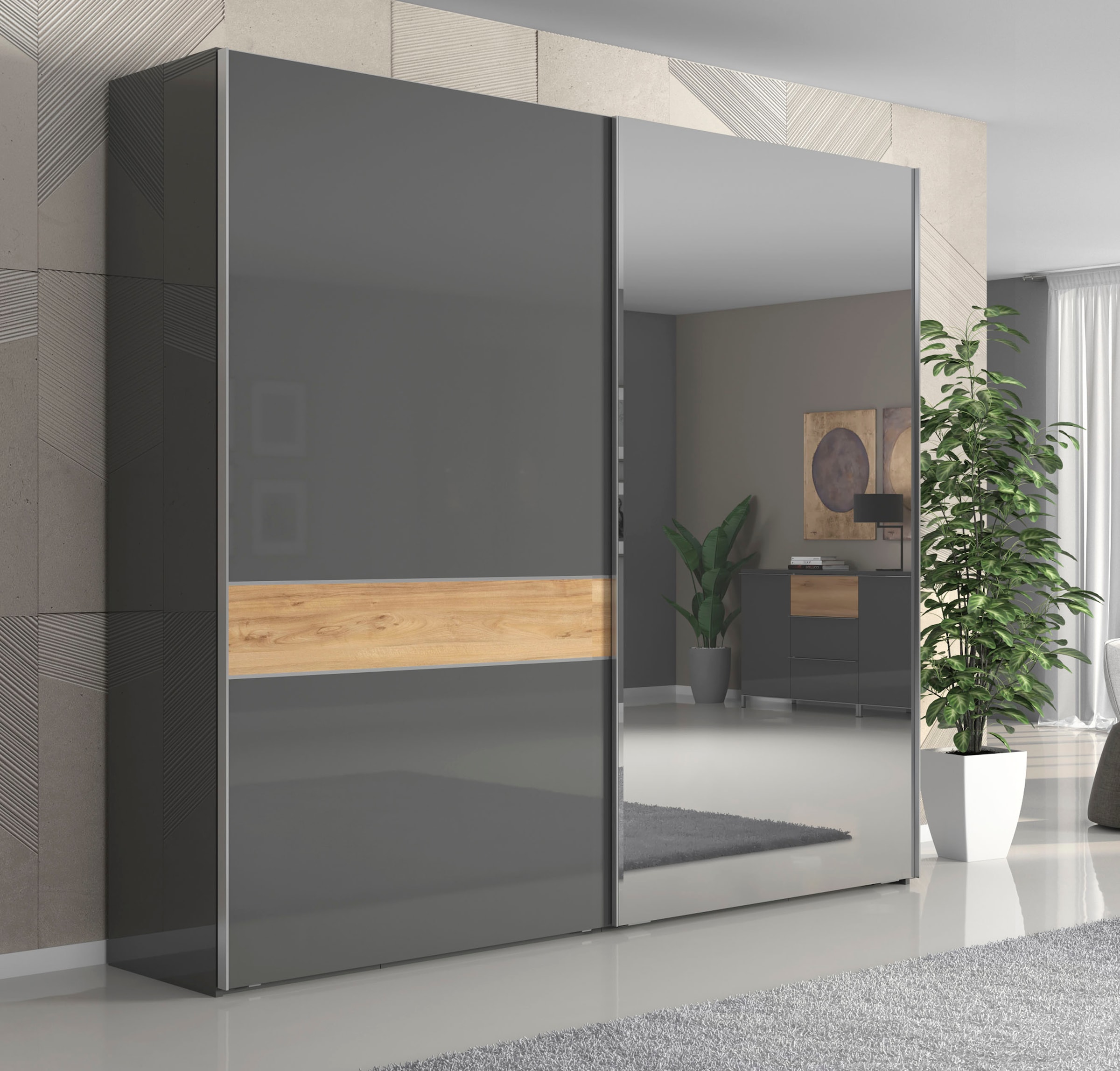 Places of Style Schwebetürenschrank »Onyx, Schwebetürenschrank inklusive Innenleben, FSC-zertifiziert«, (in 3 Breiten: 182, 230 oder 272cm, Höhe 224cm, mit Spiegel), UV lackiert, hochglänzend anthrazit, mit Soft-Close Funktion