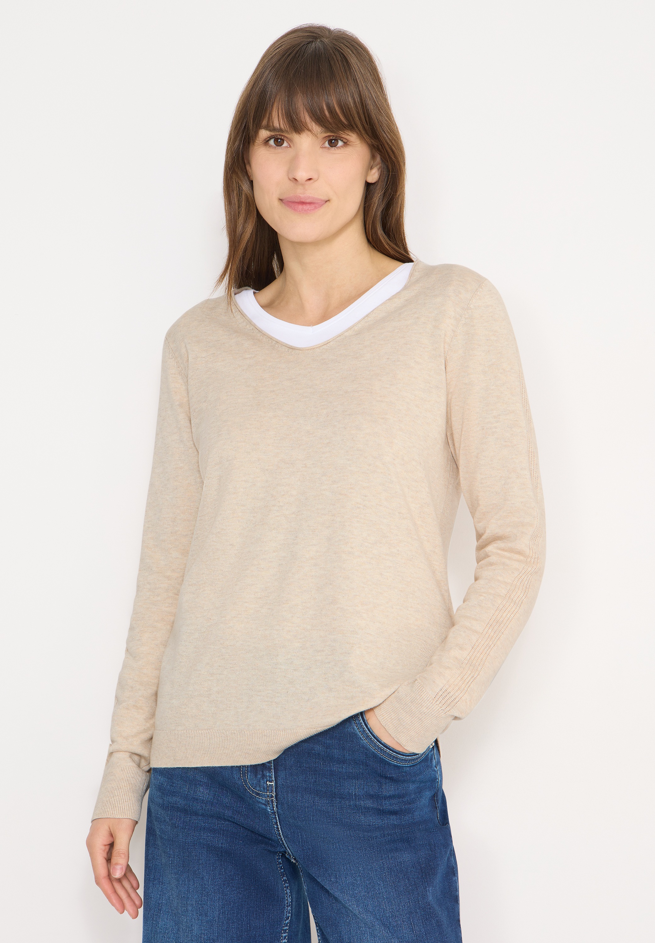 Strickpullover CECIL, Damen, Gr. S (38), egg beige melange, Web, 60% Baumwolle, 40% Viskose, unifarben, comfort fit normal, V-Ausschnitt, Rippbündchen, Pullover Strickpullover, im soften Baumwoll-Mix