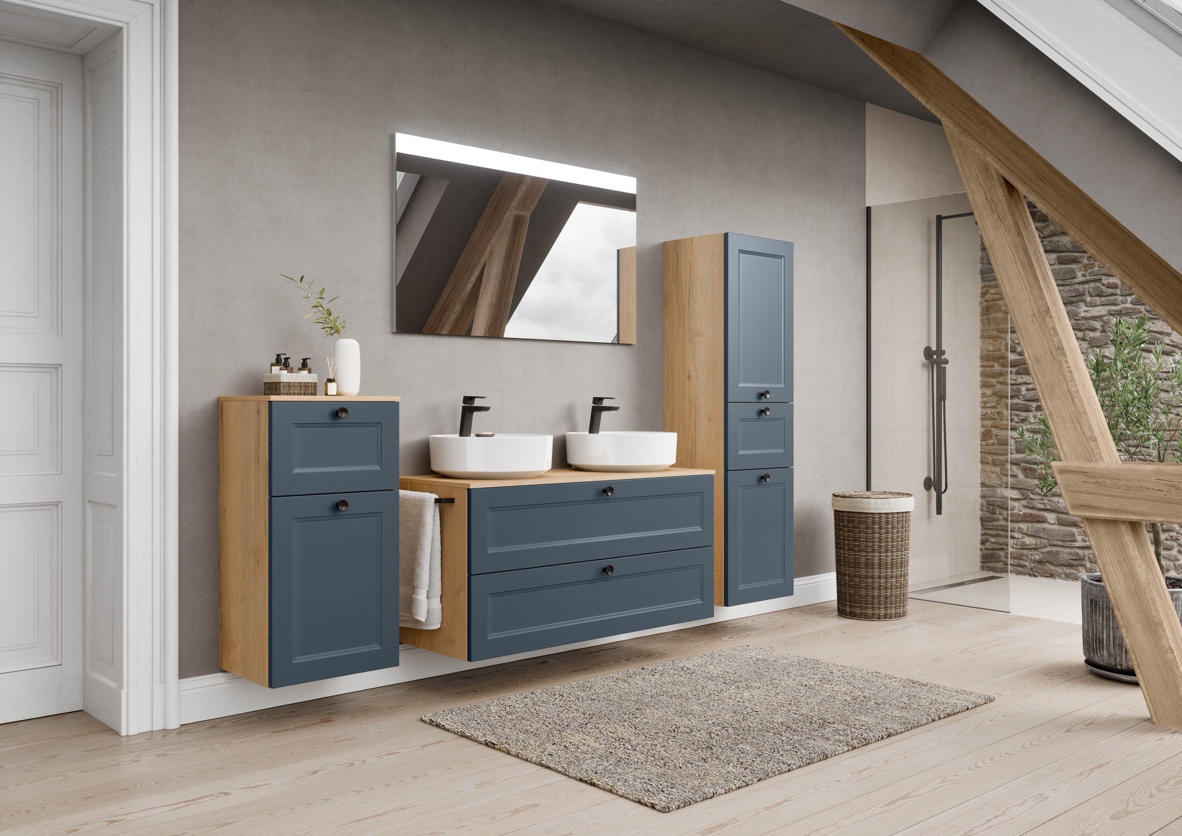 nobilia® Badmöbel-Set »Cascada« Set, inkl.  2 Aufsatzwaschbecken und beleuchtetem  Spiegel mit Touch-Sensor, 6 Stk. tlg.