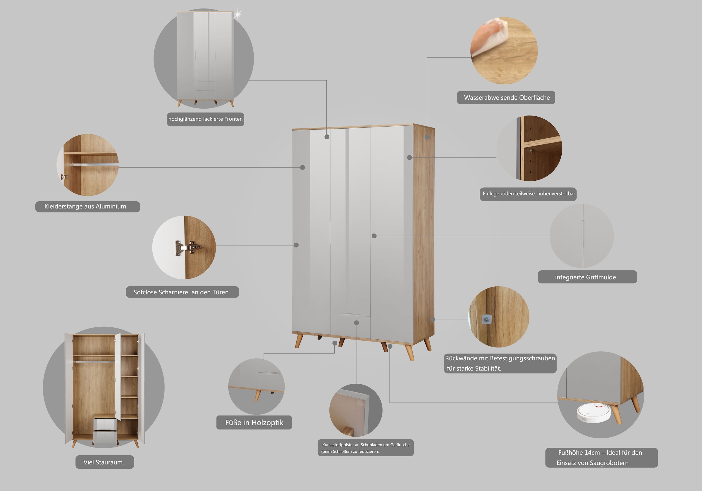 andas Kleiderschrank »Lund Schlafzimmerschrank Bestseller im skandinavischem Design«, Garderobenschrank mit Premium Innenausstattung, Breite 120cm