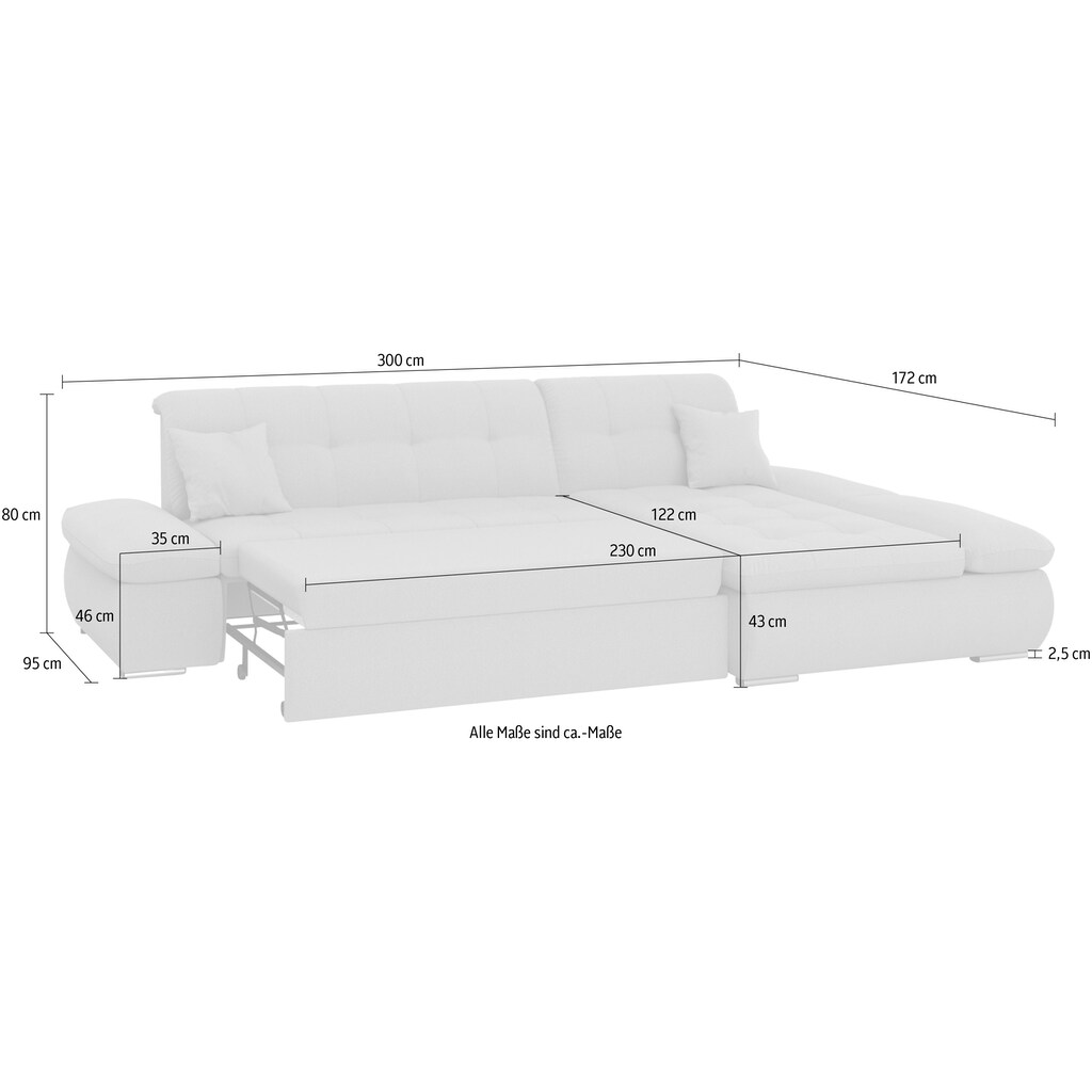 DOMO collection Ecksofa »Moric Schlafsofa B/T/H 300/172/80 cm, viele Bezugsarten, auch in Cord«, XXL-Format, wahlweise auch mit Bettfunktion und Armverstellung