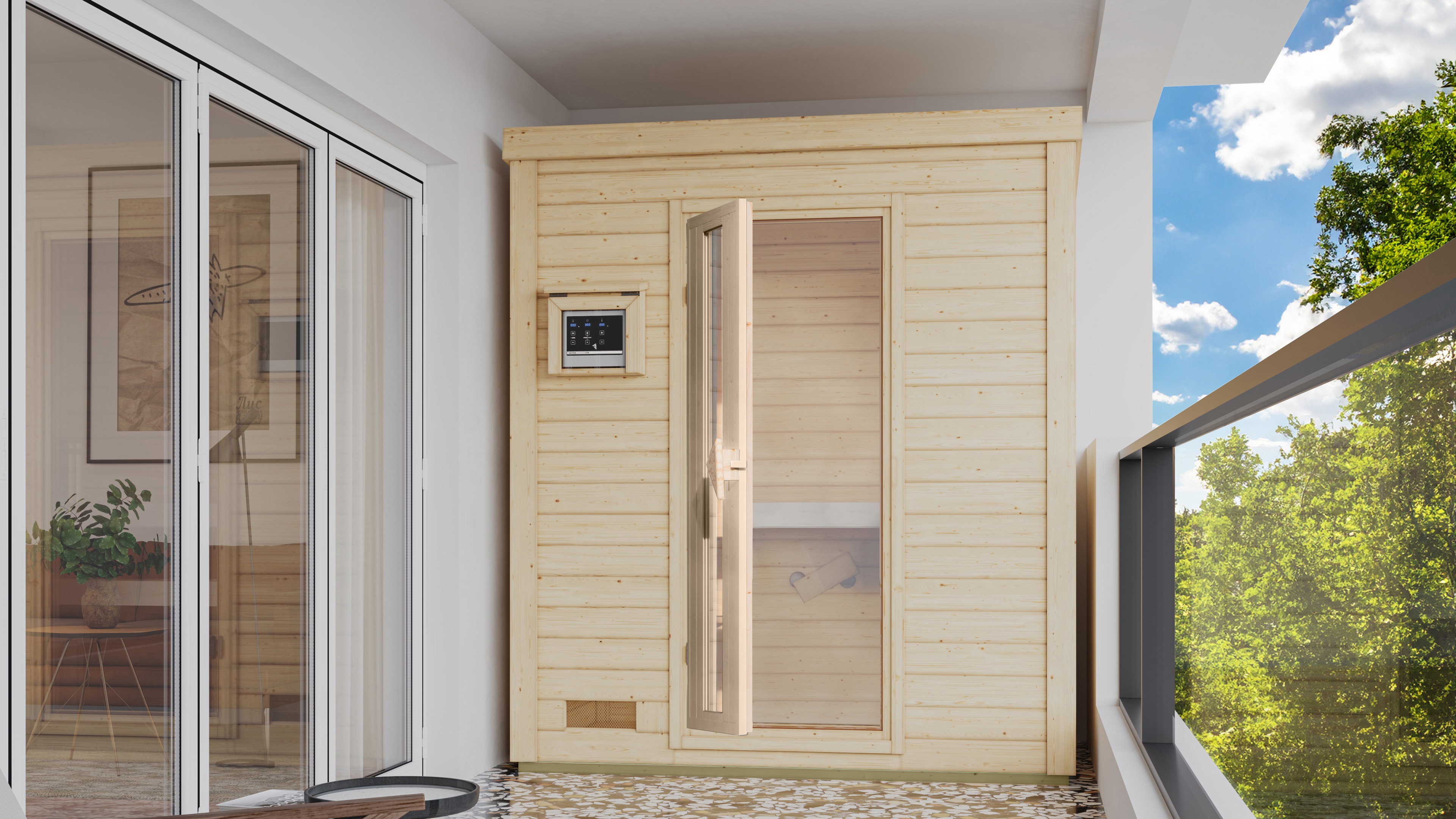 KARIBU Saunahaus "»Talo 0« mit Iso-Tür, naturbelassen", Bio-Kombiofen, externe Steuerung, (ohne Ofen), beige, Garten, Saunen