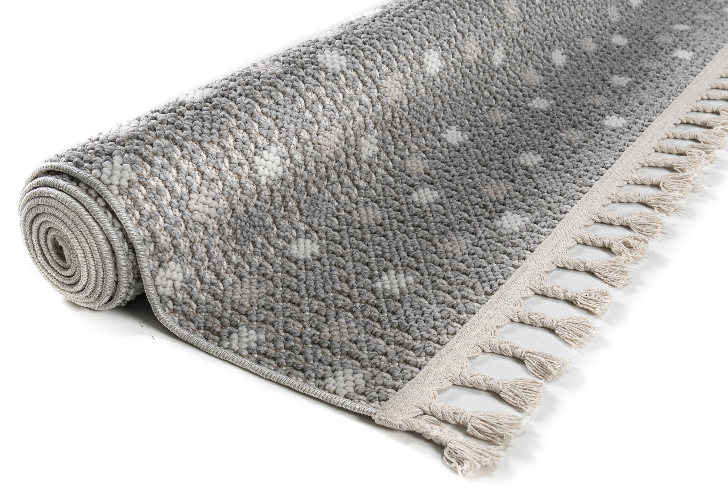 Bruno Banani Teppich »Dotty«, rechteckig, 6 mm Höhe, Woll-Optik, Hoch-Tief Struktur, In- und Outdoor geeignet, mit Fransen
