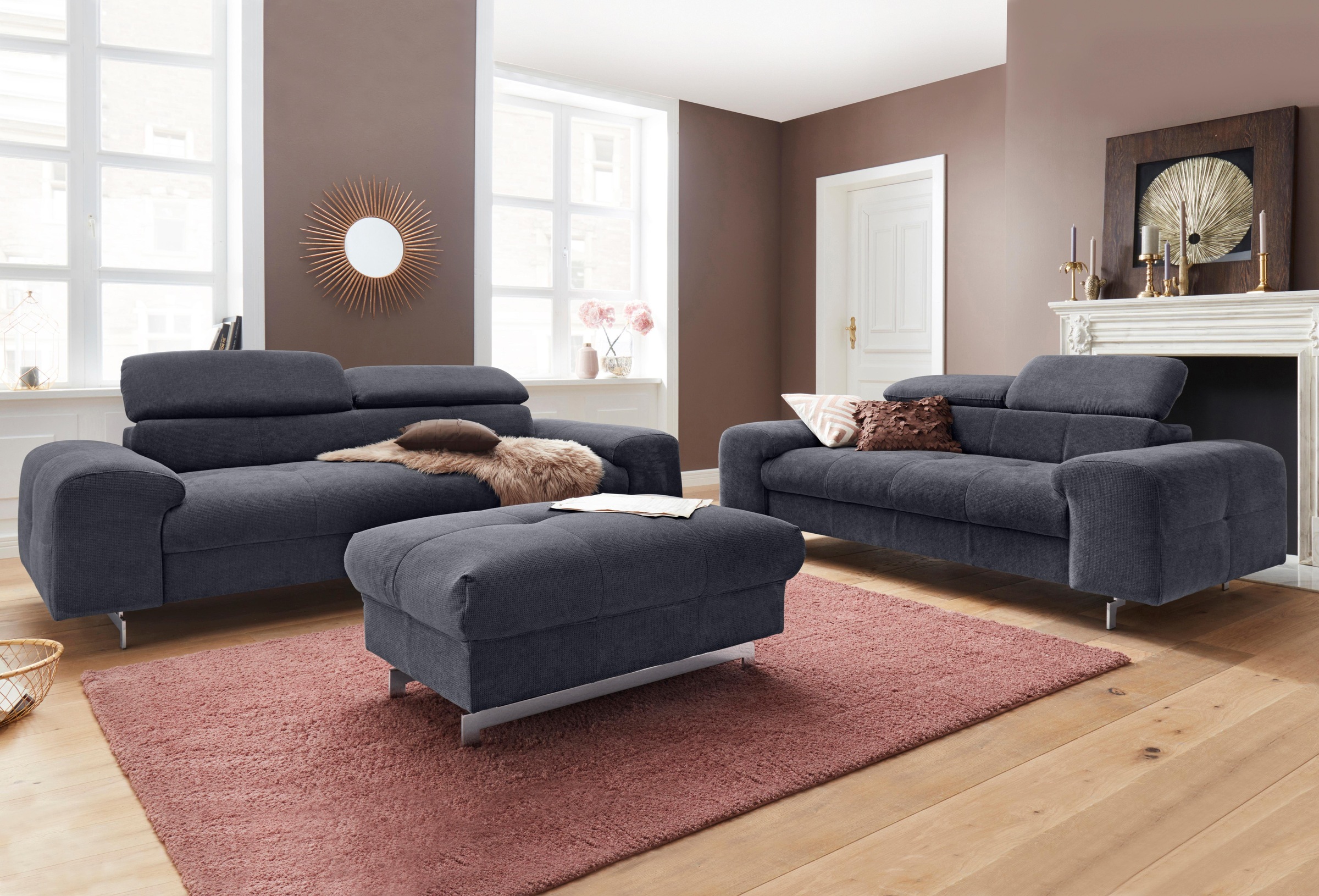 Polstergarnitur COTTA, B:232cm, schwarz, Sitzmöbel-Sets, "Chef", Set bestehend aus: 3-Sitzer mit Kopfteilverstellung & Hocker