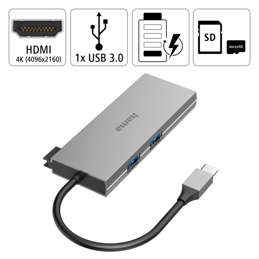 Hama USB-Adapter »USB-C Multiport Hub Laptop mit 6 Ports, USB-A, USB-C, HDMI, SD microSD«, USB-C zu USB Typ A-USB Typ C-HDMI-SD-Card, 15 cm